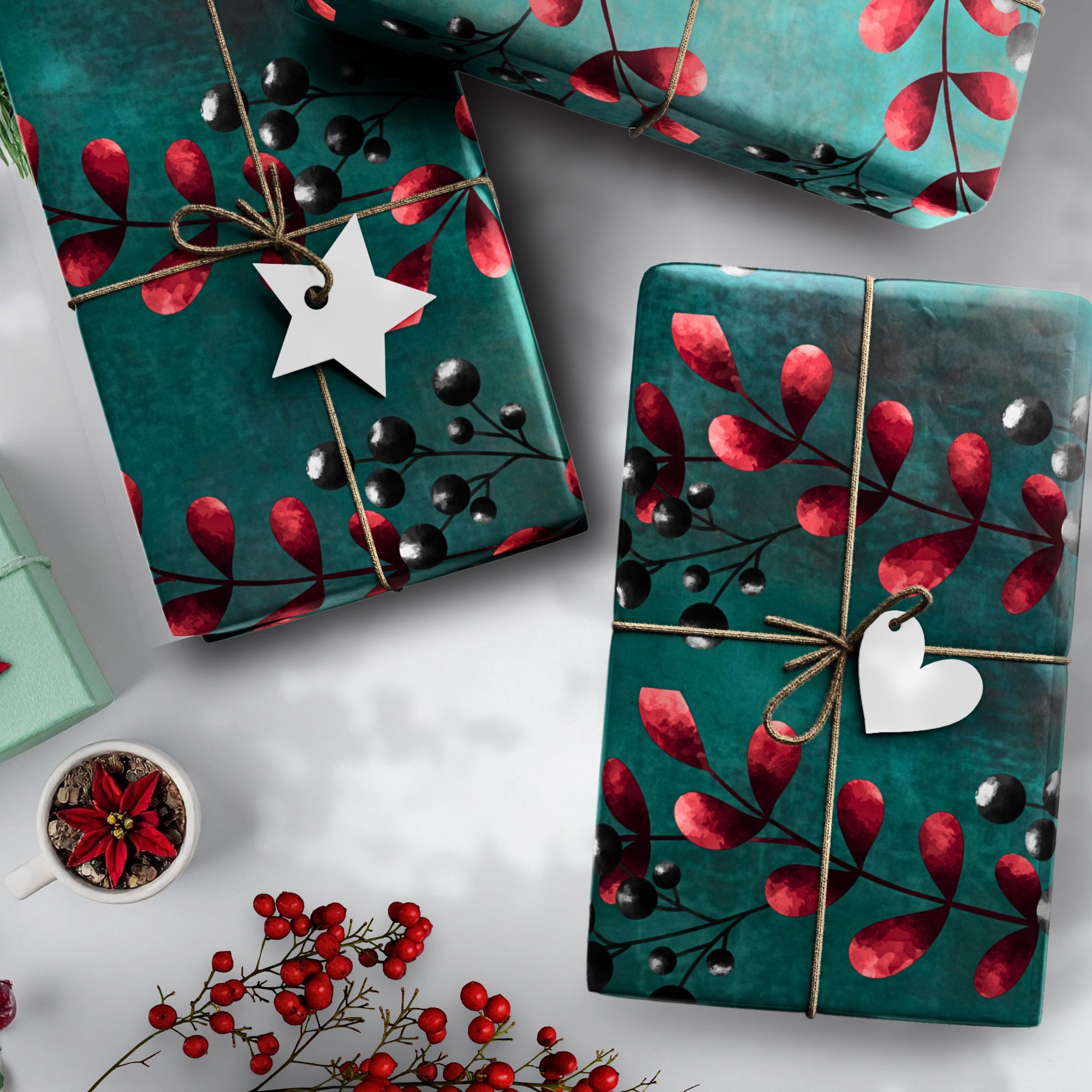 Winter Berry Holiday Wrapping Paper | Red Berries on Teal | Christmas Gift Wrap Sheets