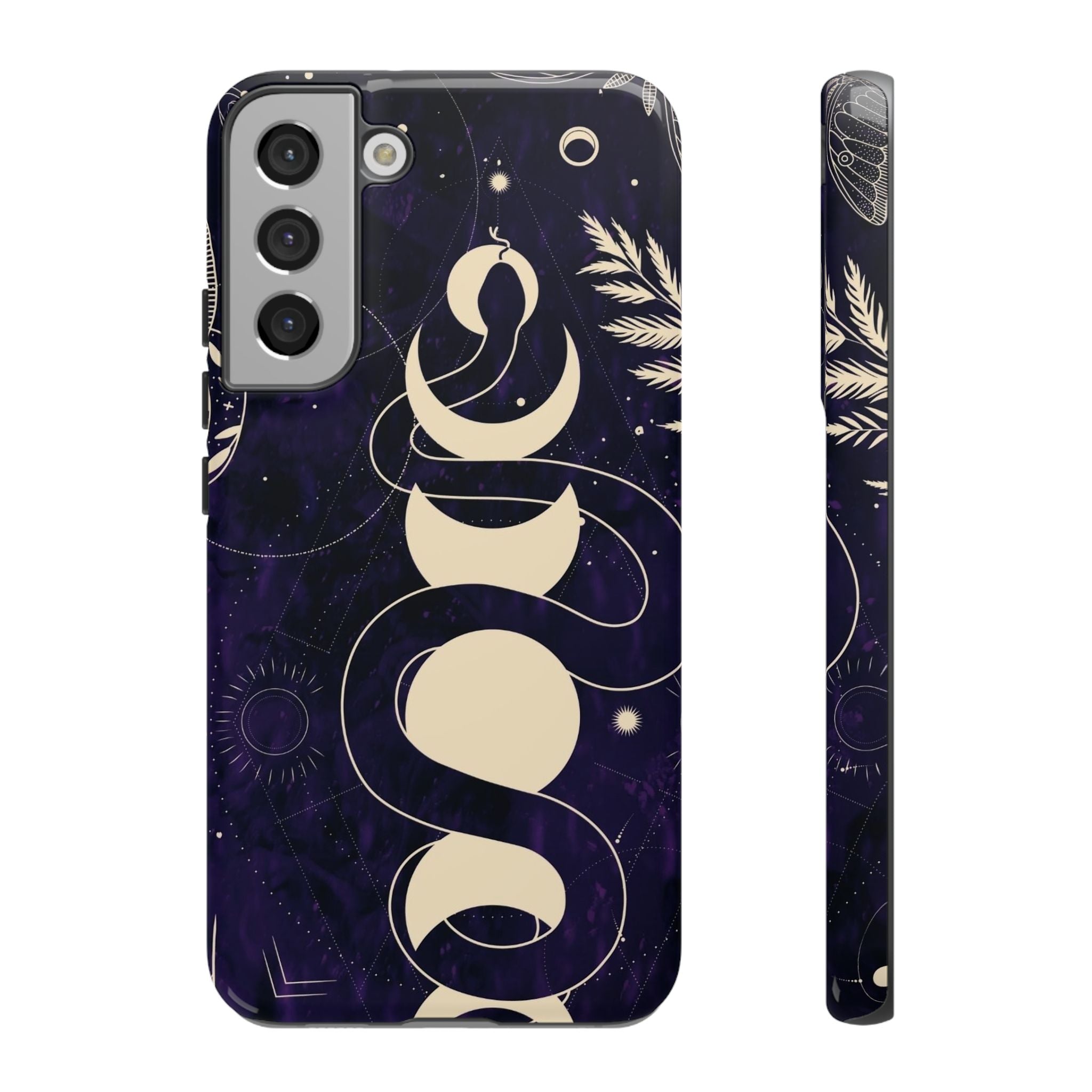 Dark Violet Phone Case with Lunar Phases, Snake & Cosmic Motifs | Durable and Stylish, Perfect for Astrology Lovers