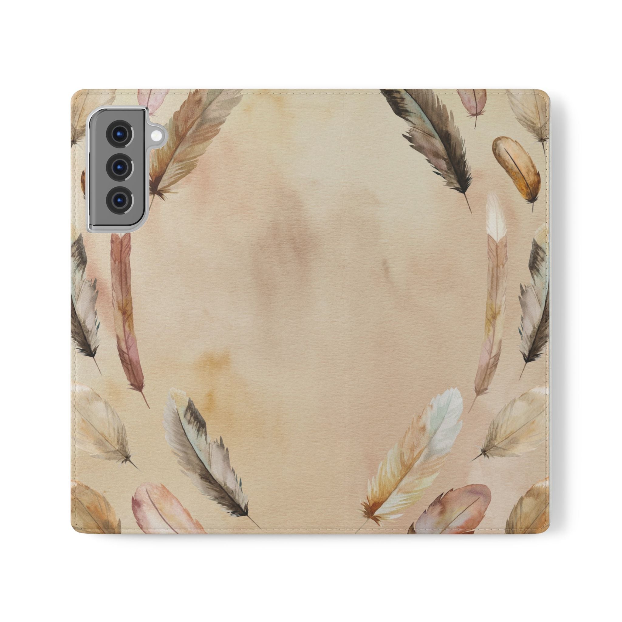 Feathers Flip Case, Phone Case, Protective Cover, Faux Leather Stand Feature Card & Cash Storage, Vibrant Colors, Stylish and Practical