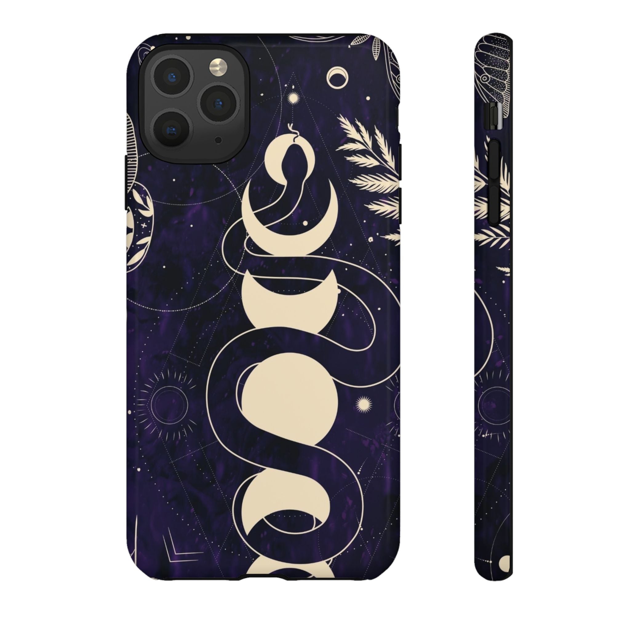 Dark Violet Phone Case with Lunar Phases, Snake & Cosmic Motifs | Durable and Stylish, Perfect for Astrology Lovers