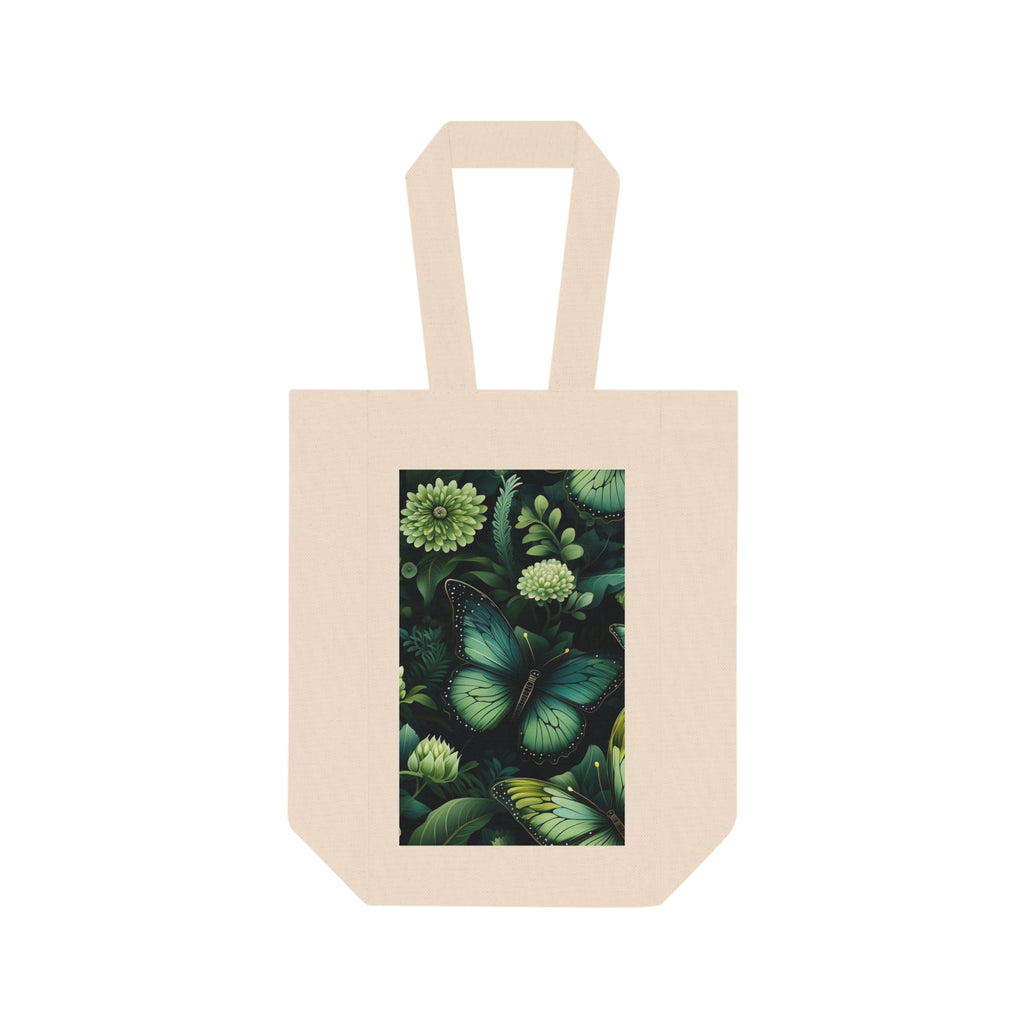 Botanical Double Wine Tote Bag - Emerald Butterflies, Gift for Wine Lovers, Eco-Friendly Gift, Wine Carrier, Picnic Essential, Mother's Day