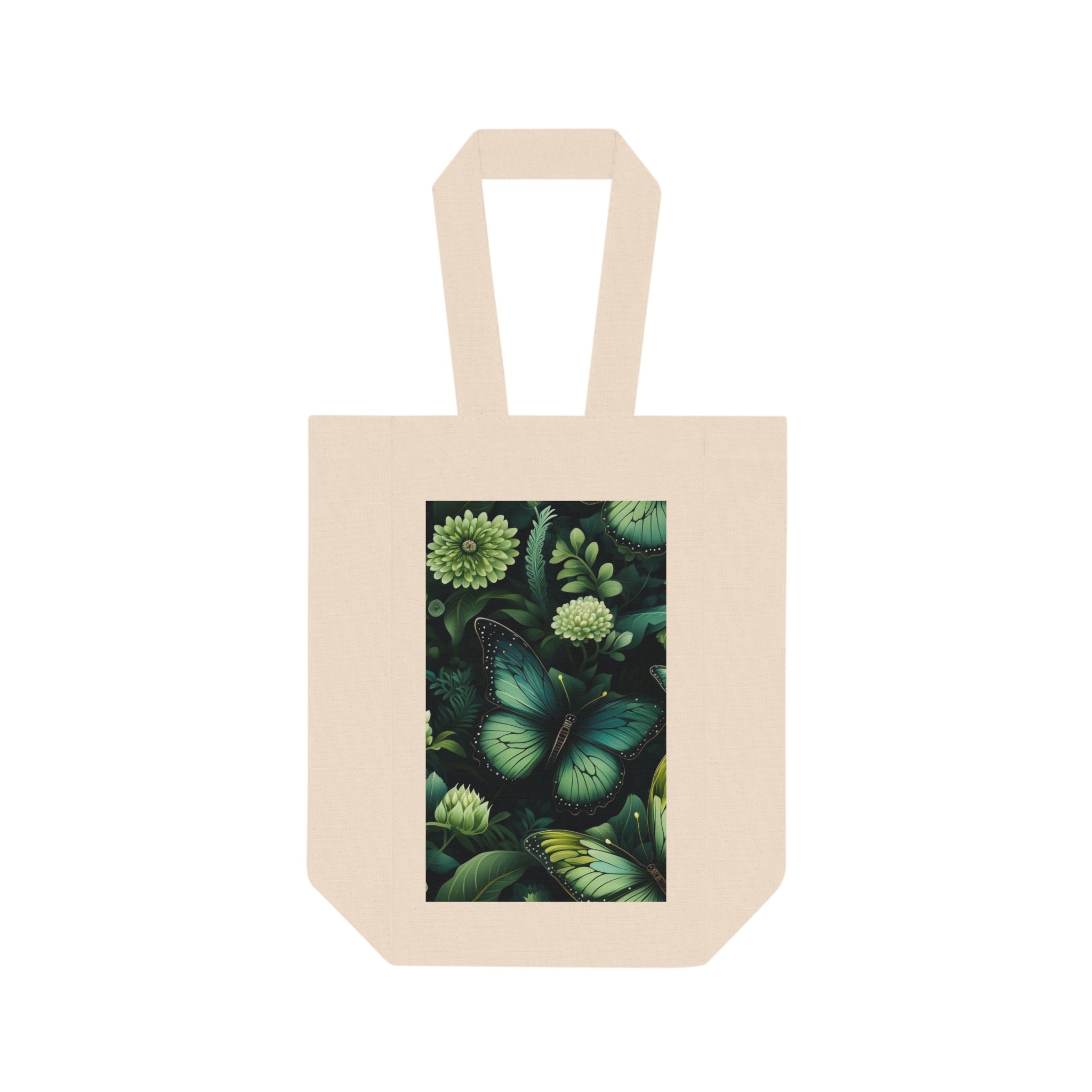 Botanical Double Wine Tote Bag - Emerald Butterflies, Gift for Wine Lovers, Eco-Friendly Gift, Wine Carrier, Picnic Essential, Mother's Day