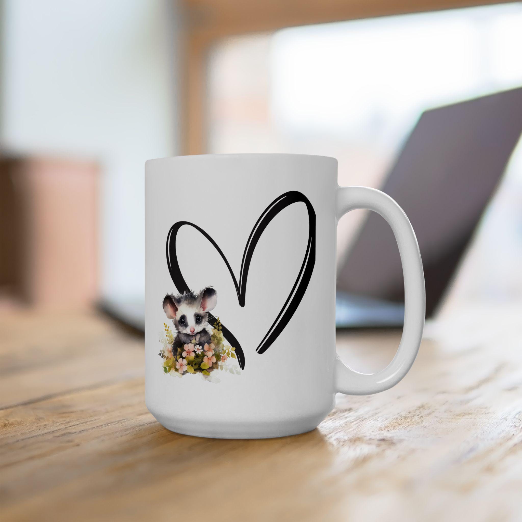 Opossum Floral Heart Ceramic Mug - Wildlife Lover Gift