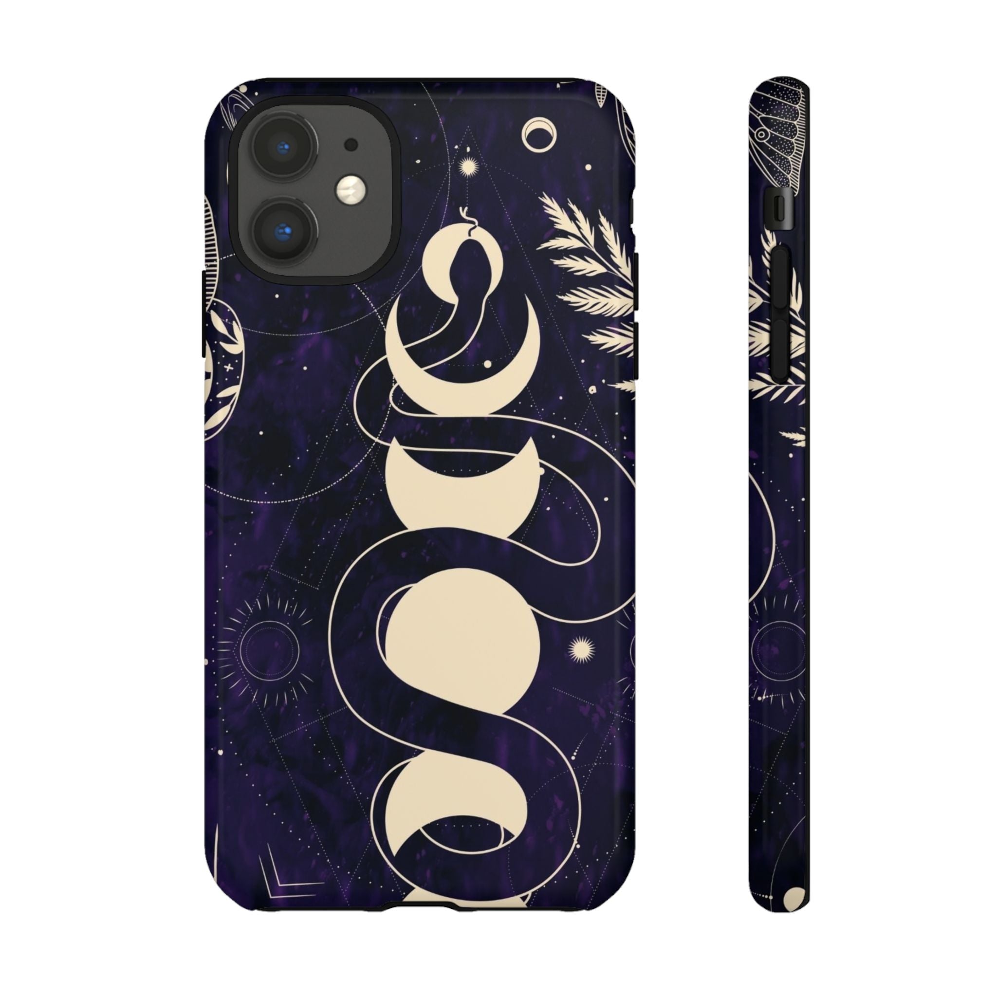 Dark Violet Phone Case with Lunar Phases, Snake & Cosmic Motifs | Durable and Stylish, Perfect for Astrology Lovers