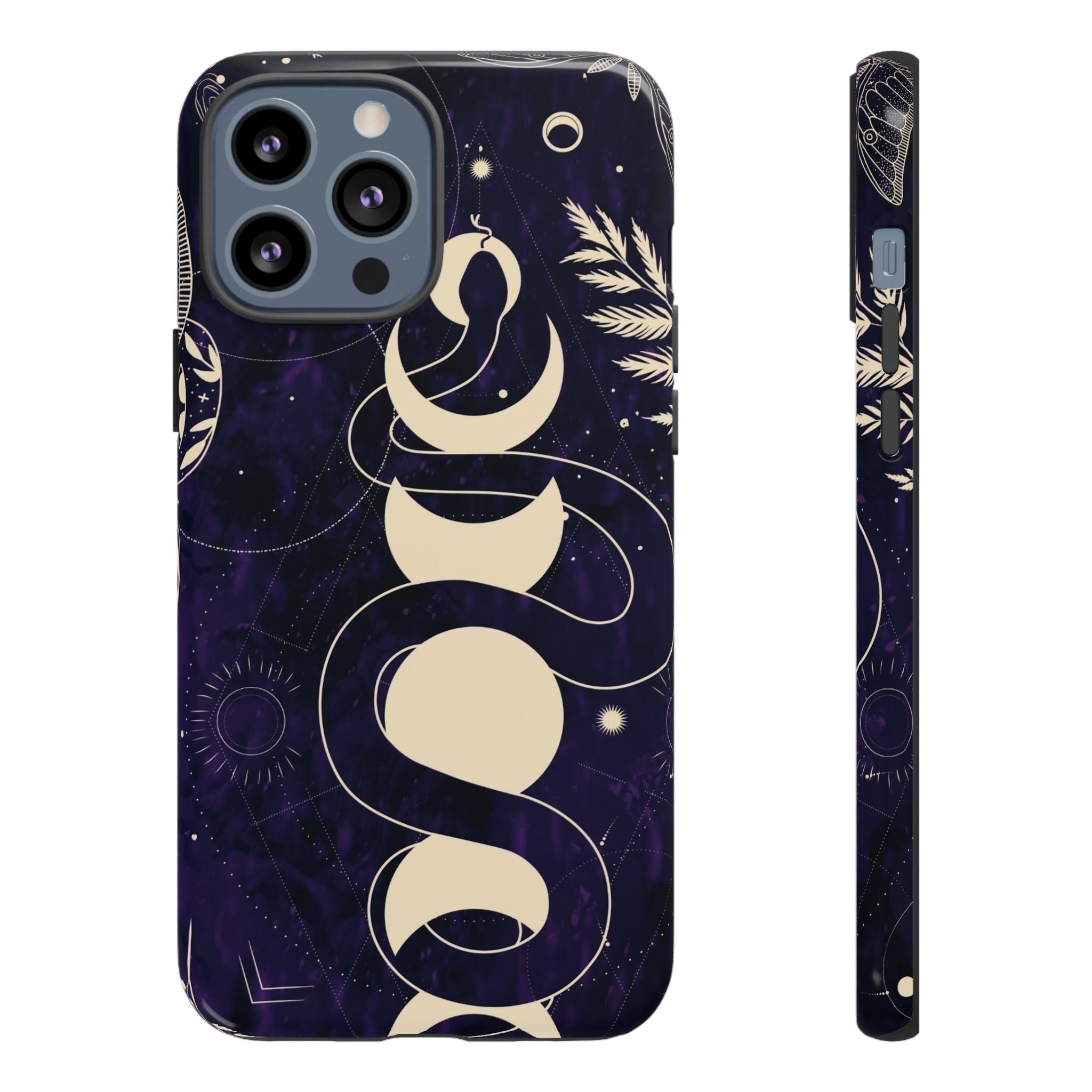 Dark Violet Phone Case with Lunar Phases, Snake & Cosmic Motifs | Durable and Stylish, Perfect for Astrology Lovers