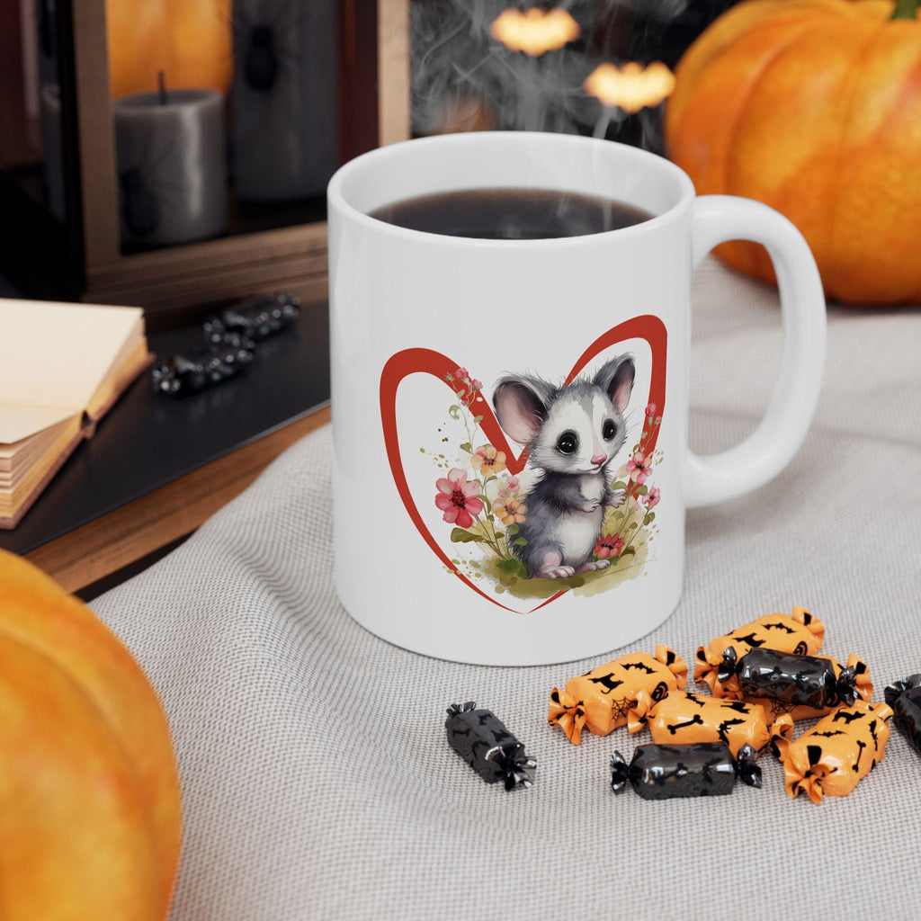 Opossum Ceramic Mug, Cute Floral Heart Opossum Lover Gift, 11oz 15oz Coffee Cup, Animal Wildlife Tea Mug, Gift for Nature Enthusiasts