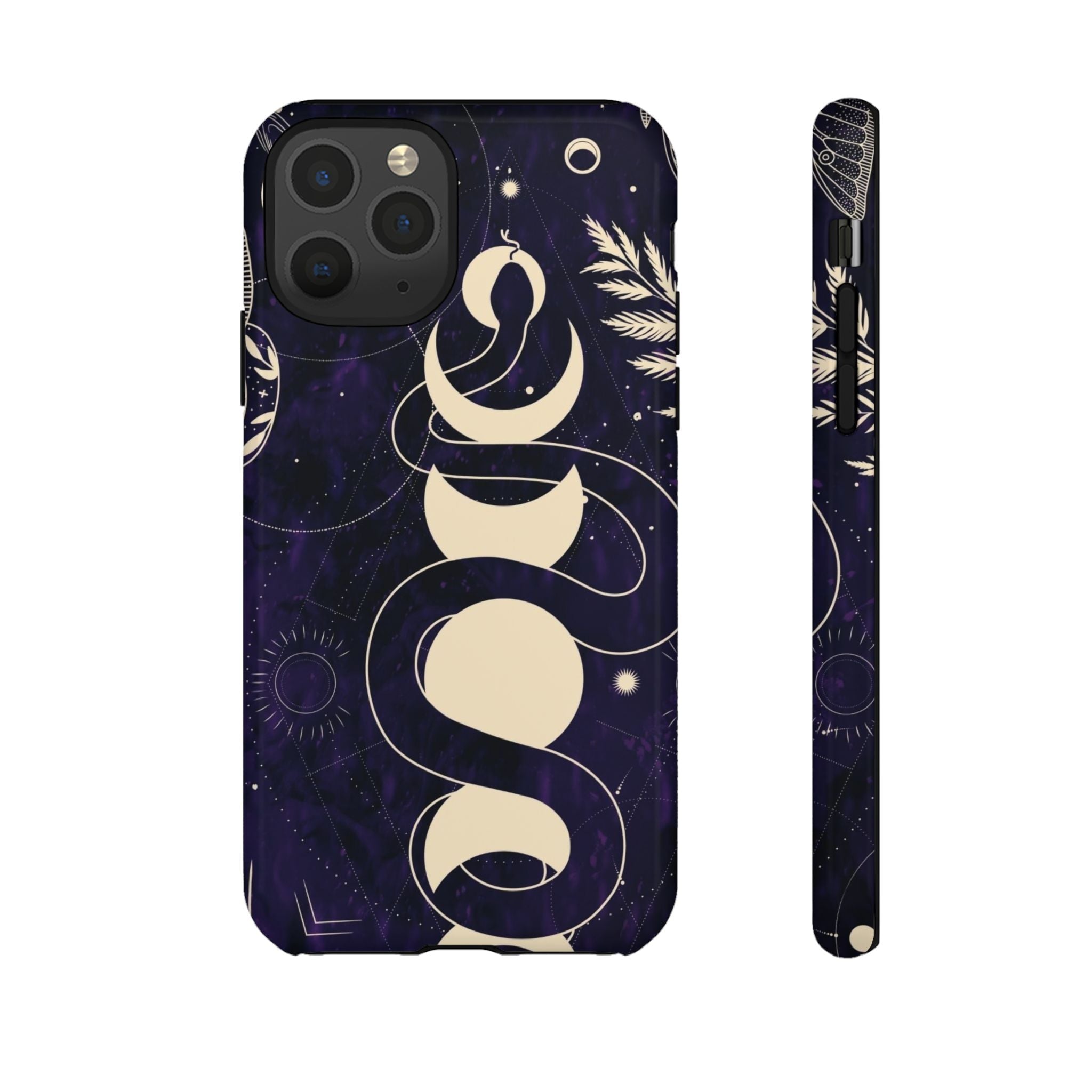Dark Violet Phone Case with Lunar Phases, Snake & Cosmic Motifs | Durable and Stylish, Perfect for Astrology Lovers