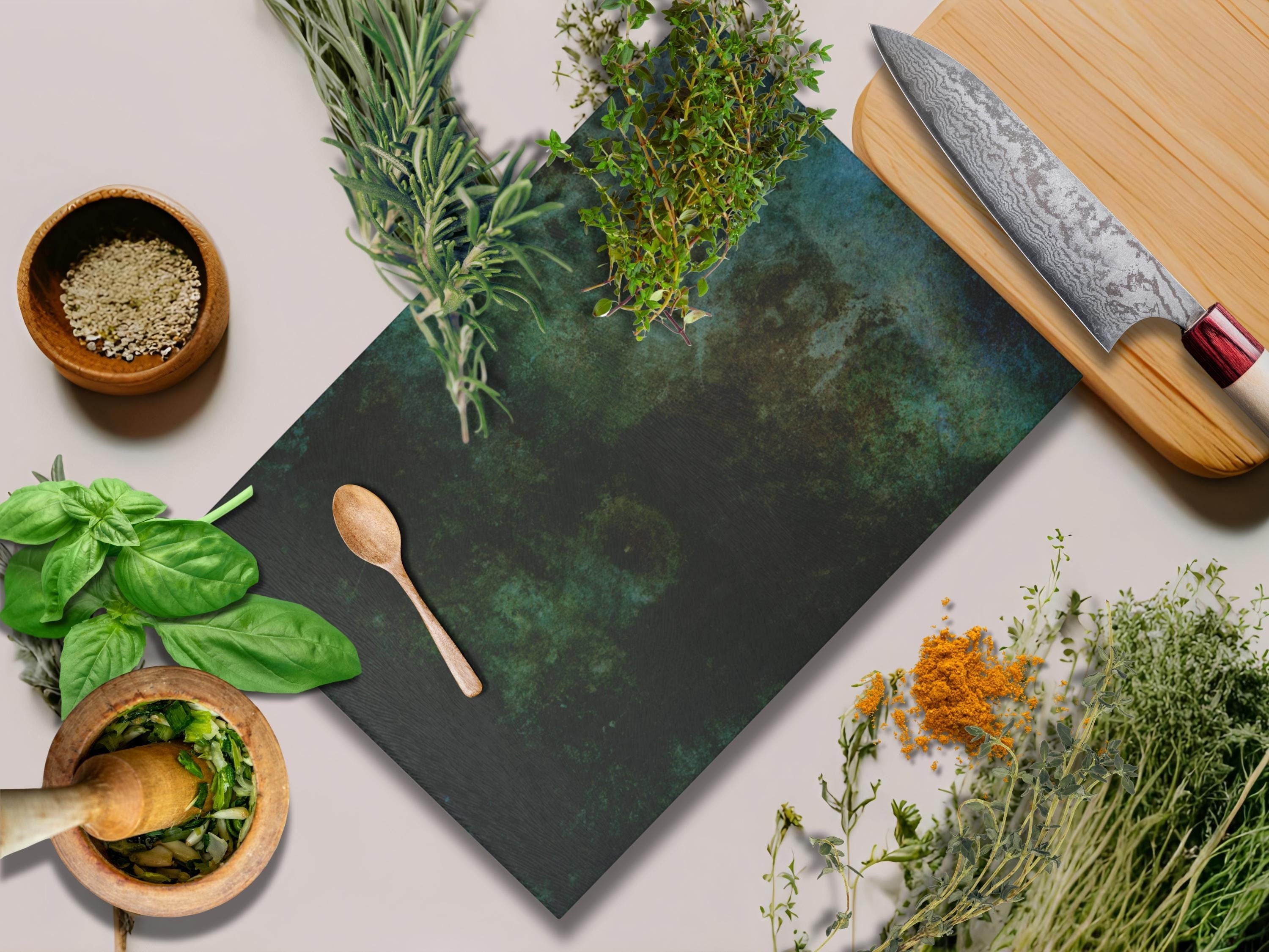 Fossil Look Glass Cutting Board: Deep Green & Blue Kitchen Decor