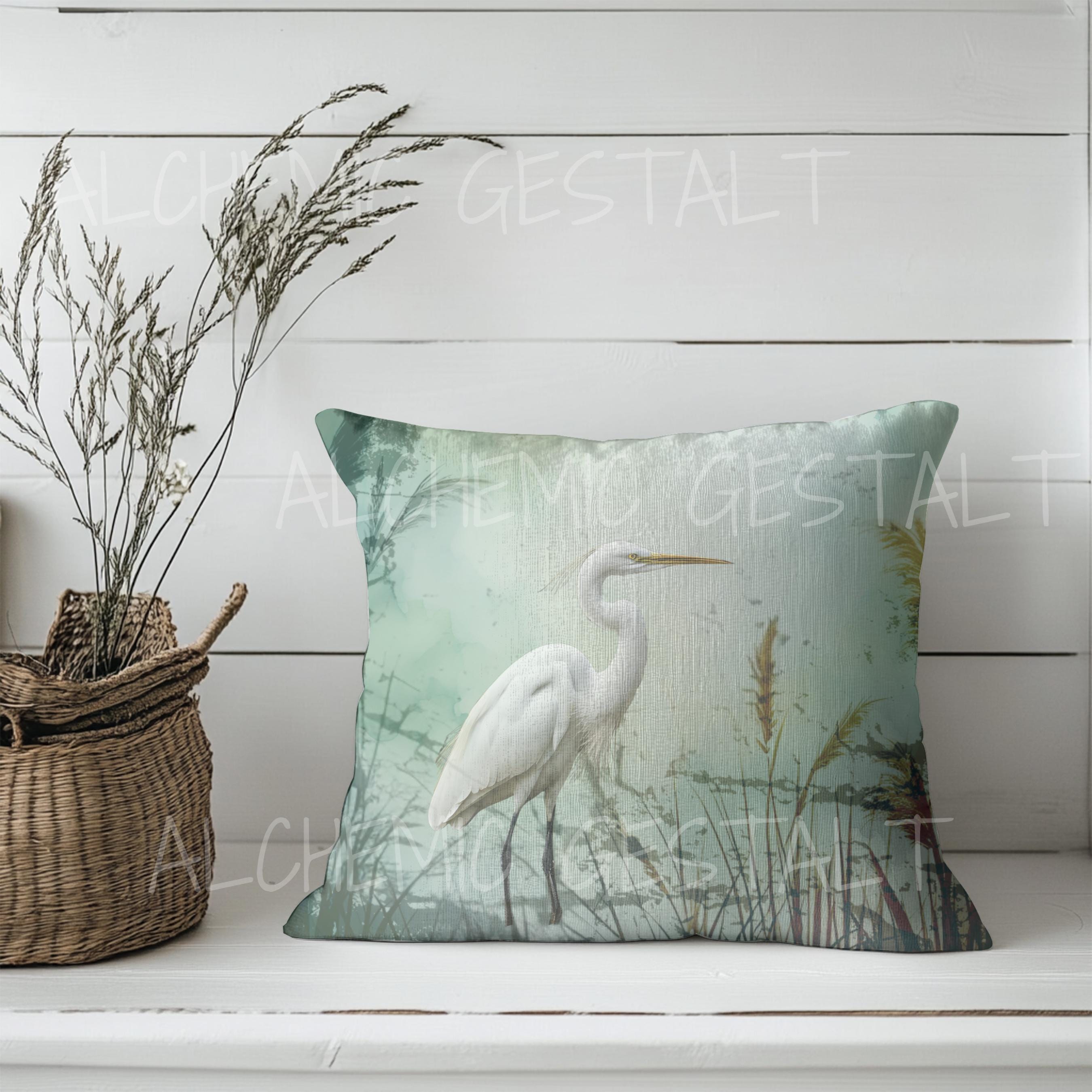 Elegant Egret Design Square Pillow in Faux Suede - 4 Size Options