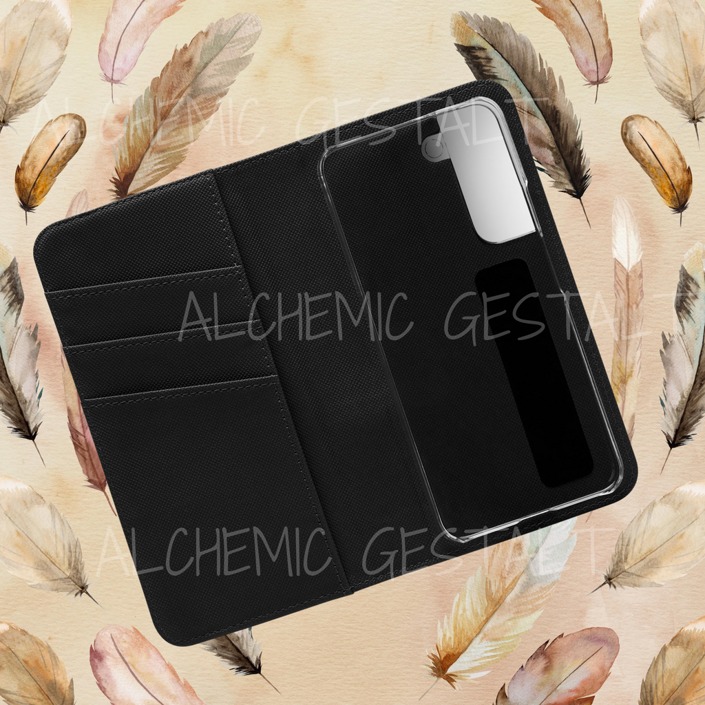 Phone Case Flip Cover - Feathers, Faux Leather Stand, Card & Cash Storage