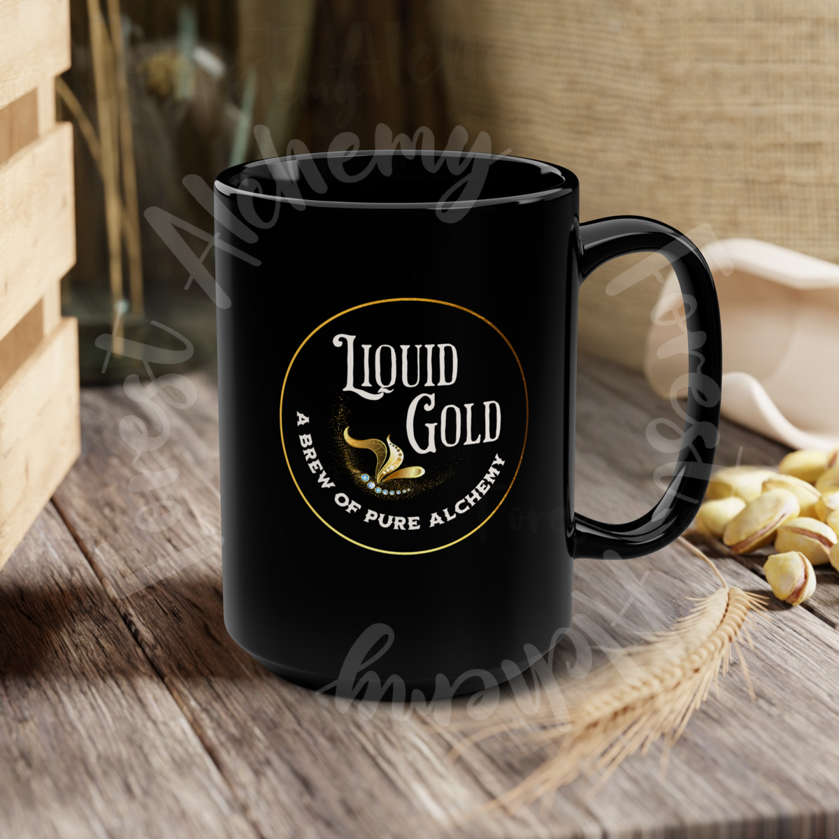 Liquid Gold Black 15oz Mug — 'Liquid Gold' Logo Coffee Cup
