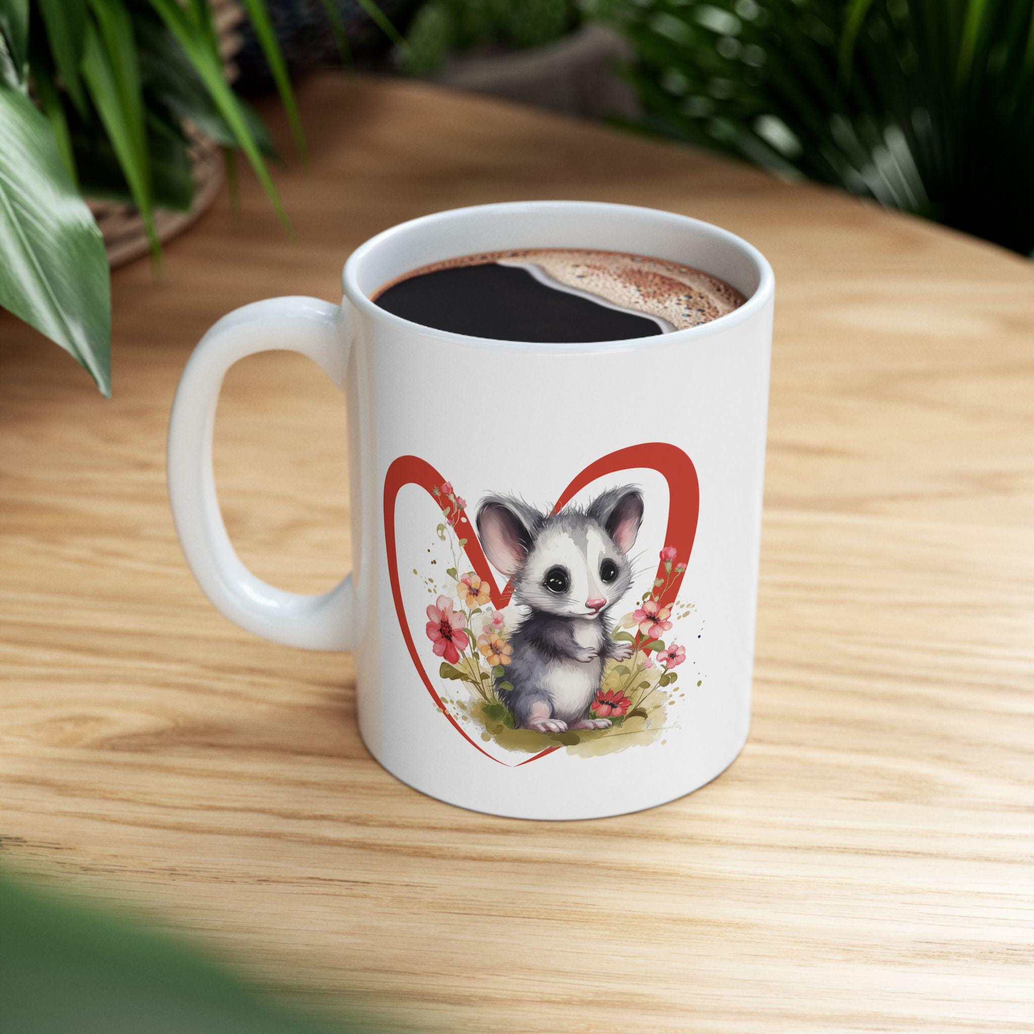 Opossum Ceramic Mug, Cute Floral Heart Opossum Lover Gift, 11oz 15oz Coffee Cup, Animal Wildlife Tea Mug, Gift for Nature Enthusiasts