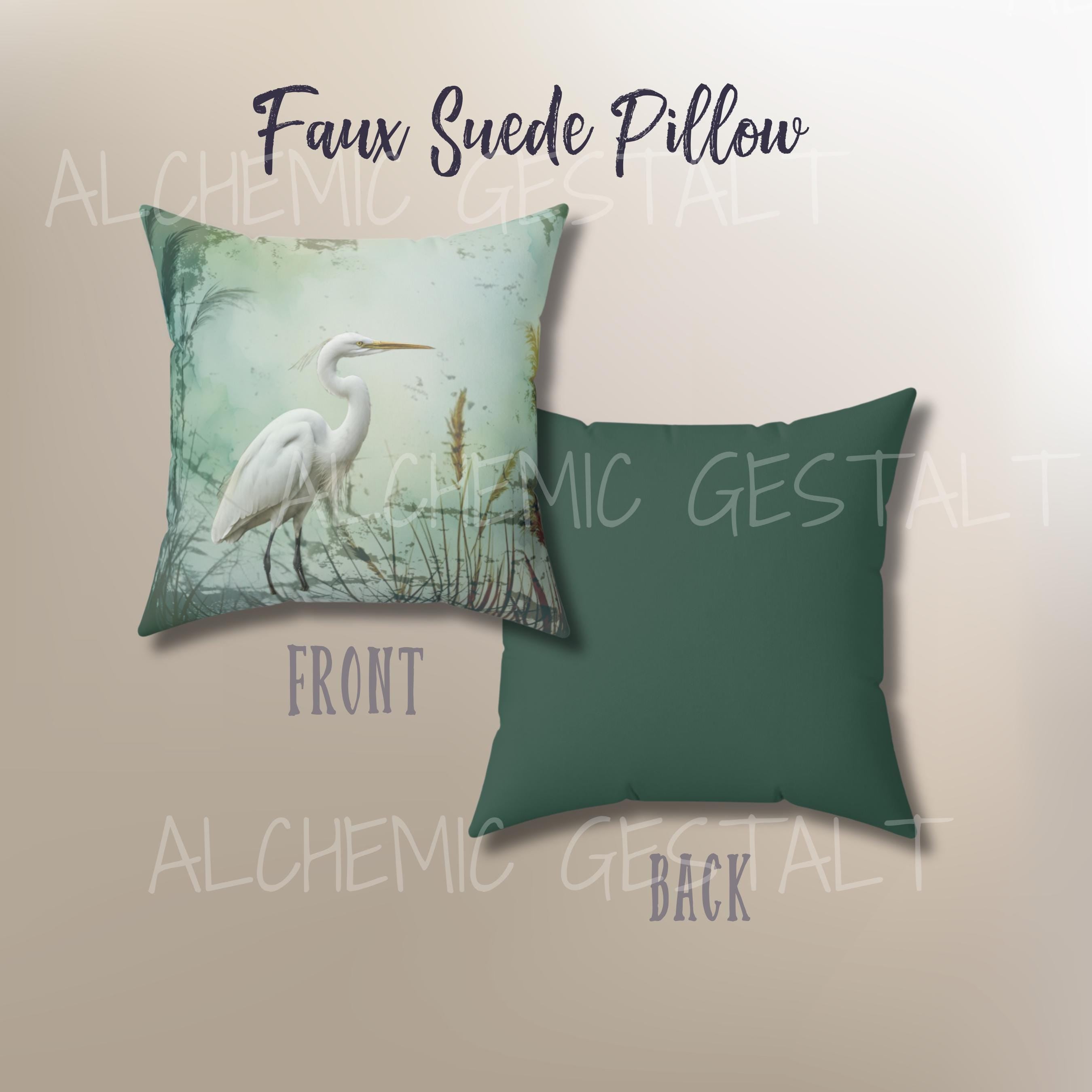 Elegant Egret Design Square Pillow in Faux Suede - 4 Size Options
