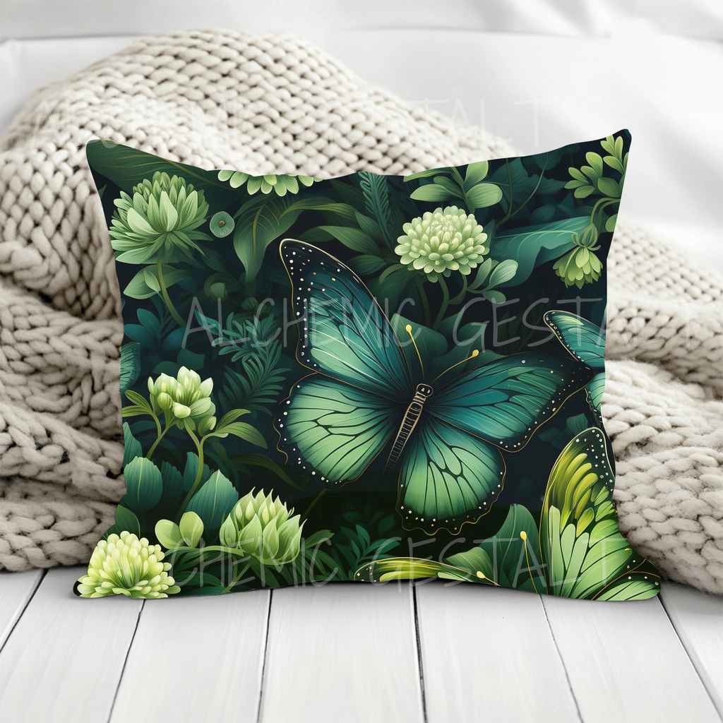 Botany of Wings Faux Suede Pillow: Green floral accent cushion, perfect for cozy living rooms. Ideal for nature lovers & forest-inspired decor!