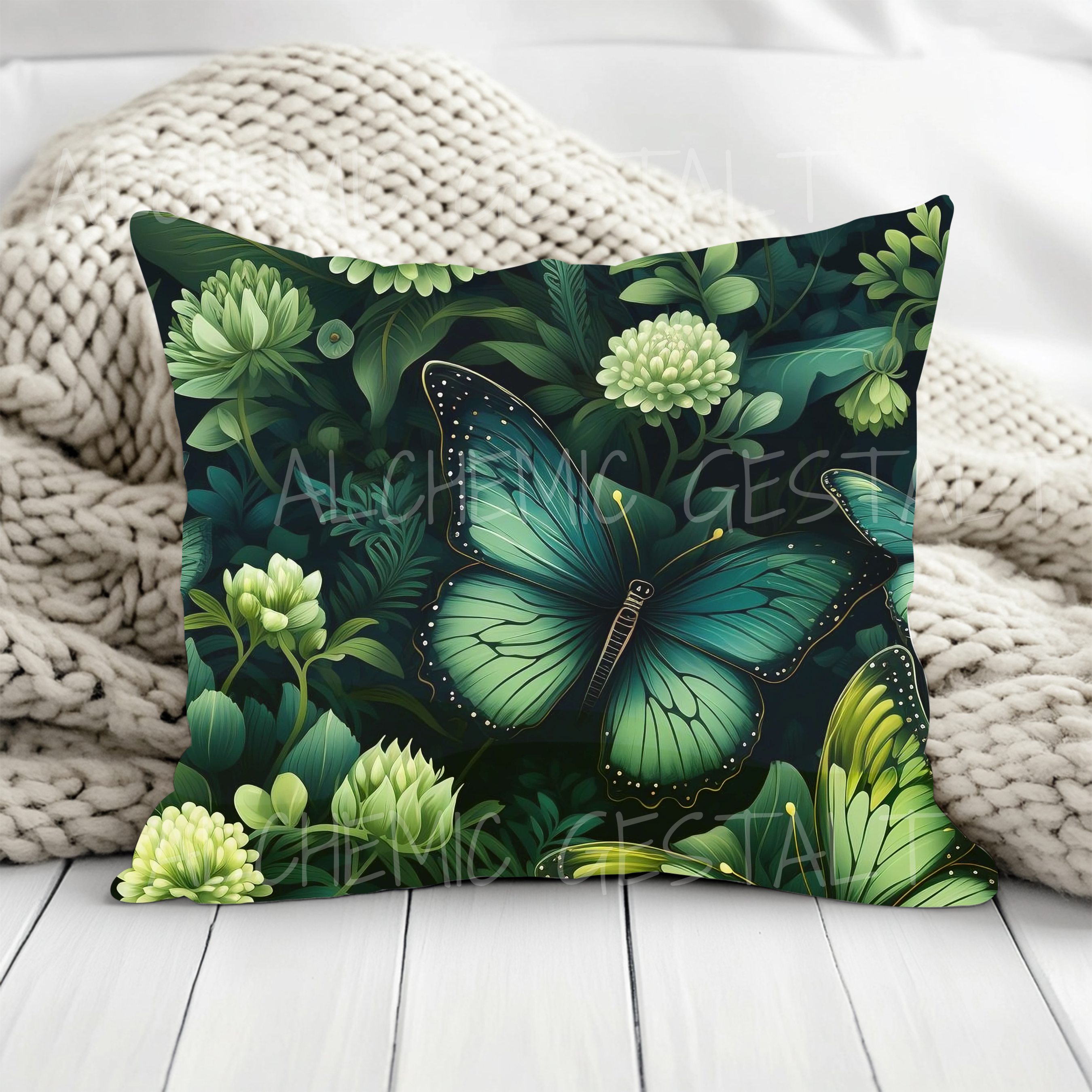 Botany of Wings Faux Suede Pillow: Green floral accent cushion, perfect for cozy living rooms. Ideal for nature lovers & forest-inspired decor!