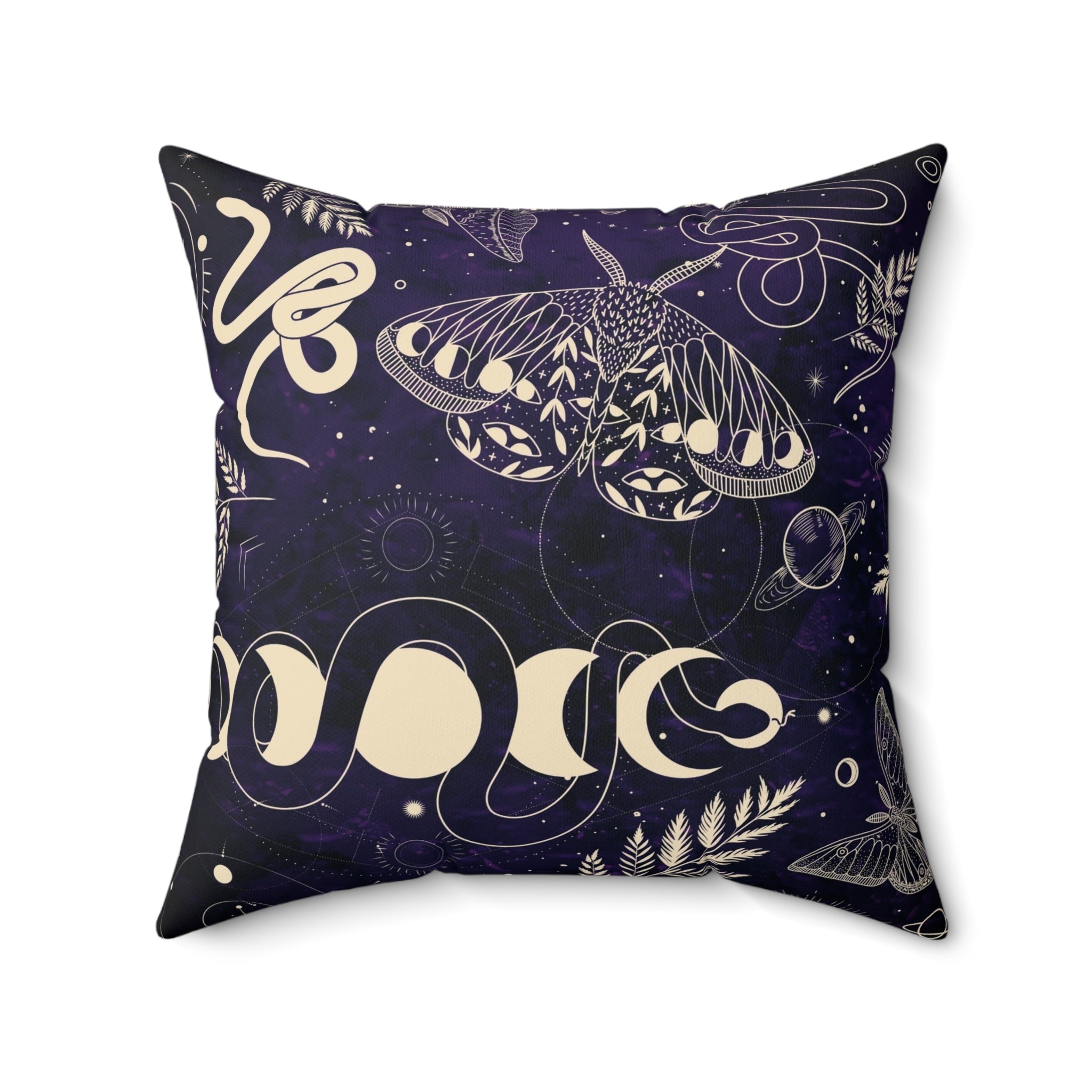 Mystical Nature Square Pillow, Elegant Home Decor, Butterfly and Snake Design, for Garden Lovers, Boho Aesthetic, Gift Idea