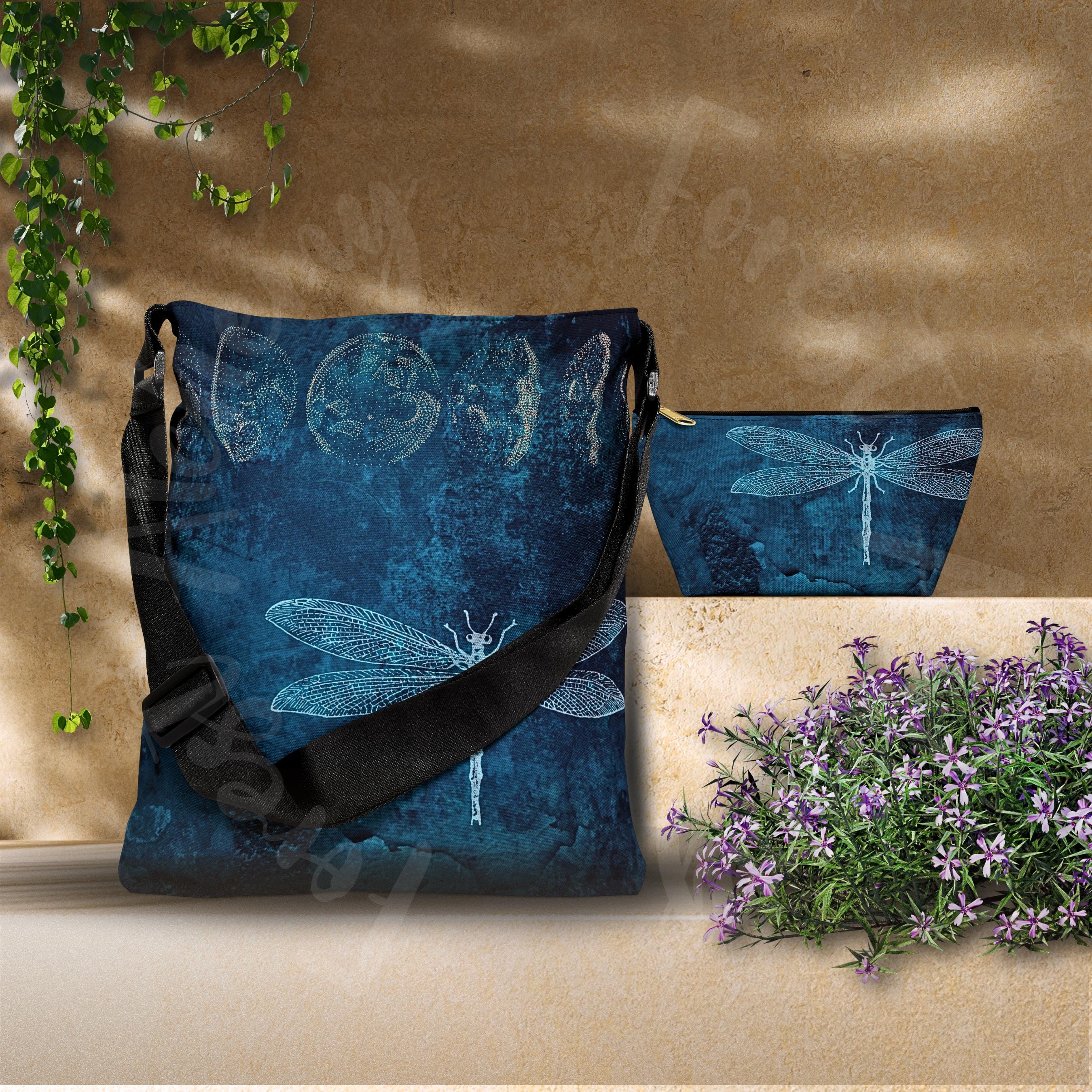 Mystic Dragonfly Shoulder Bag: Adjustable Tote for Stylish Nature Enthusiasts | Moon Phase Faerie Market Tote | Forest Aesthetic