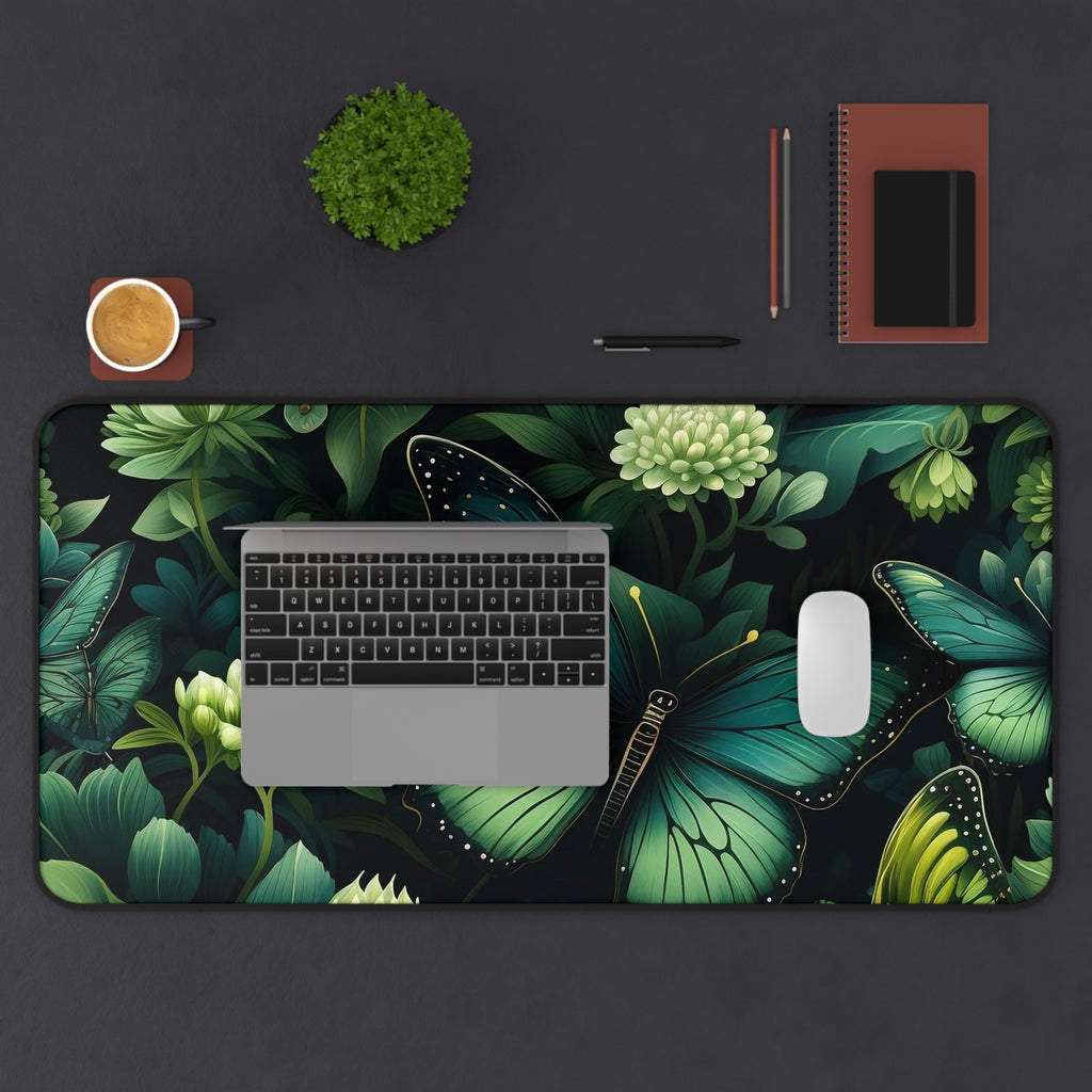 Botany of Wings Emerald Desk Mat: Vibrant neoprene mat in 3 sizes, Dark Butterfly Print