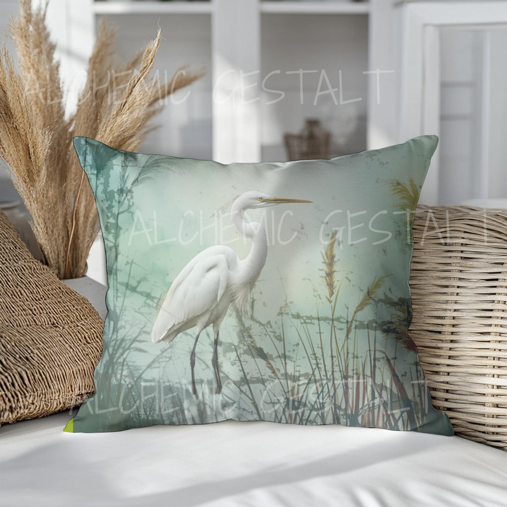 Elegant Egret Design Square Pillow in Faux Suede - 4 Size Options