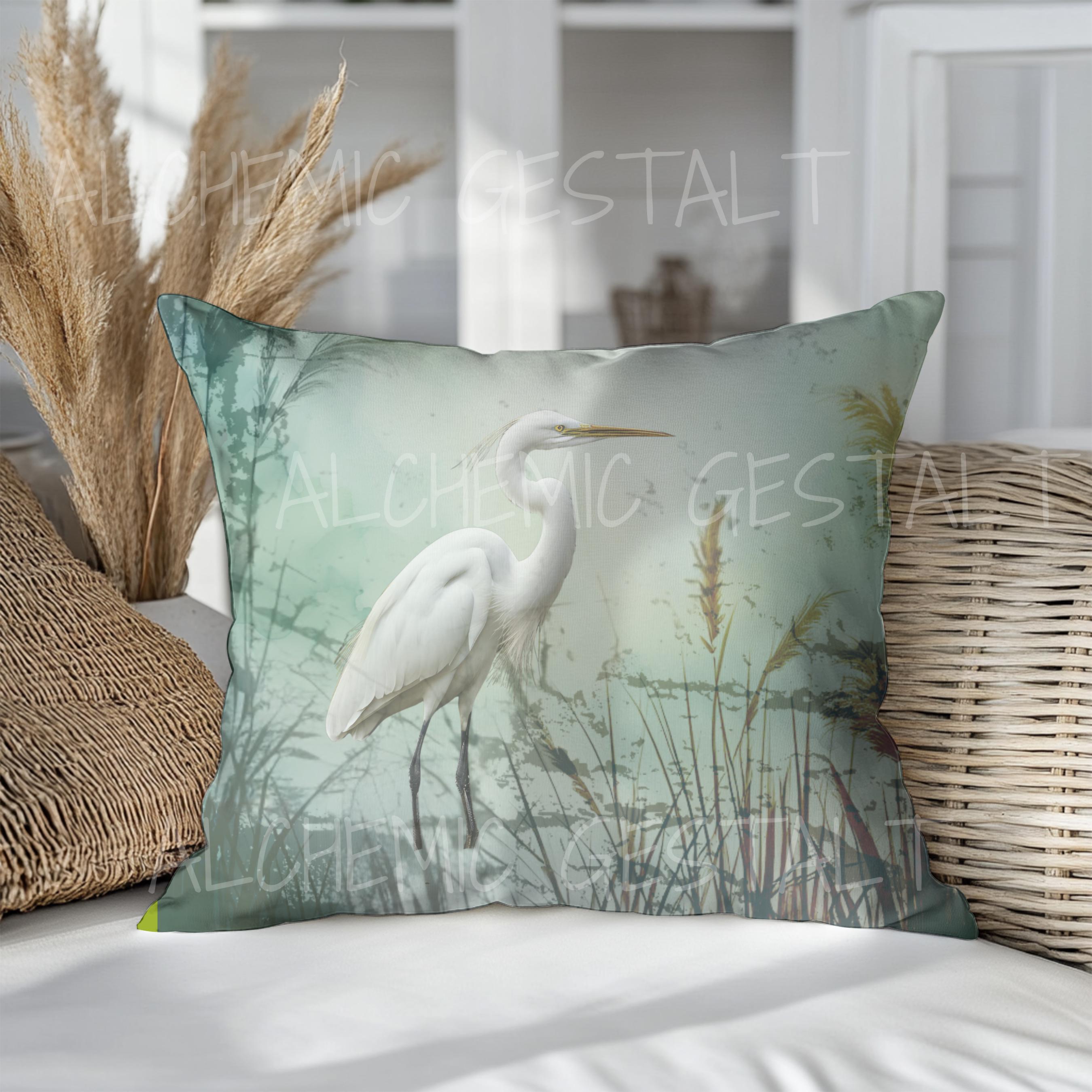 Elegant Egret Design Square Pillow in Faux Suede - 4 Size Options