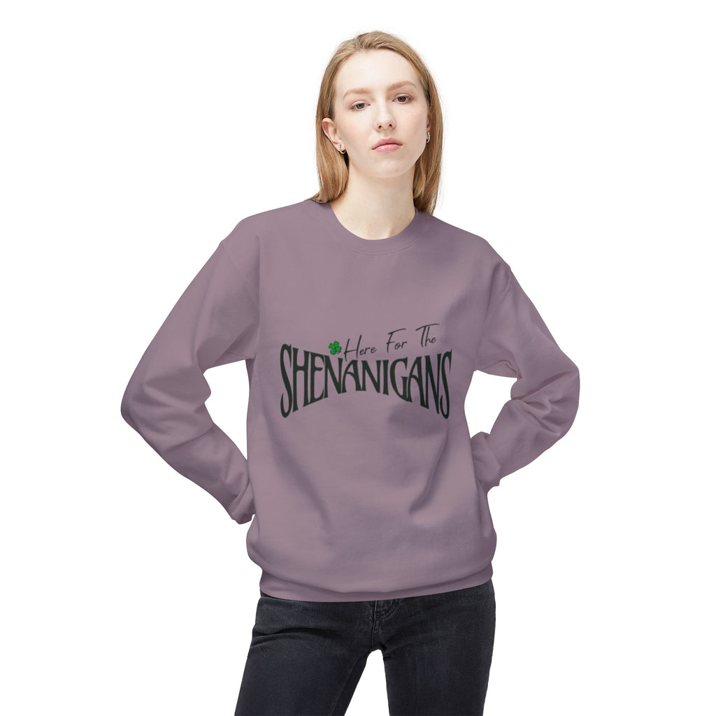 St. Patrick's Day Sweatshirt, Here for the Shenanigans Crewneck Sweater, Green Fleece Pullover, Casual Gift for Friends, Holiday Apparel