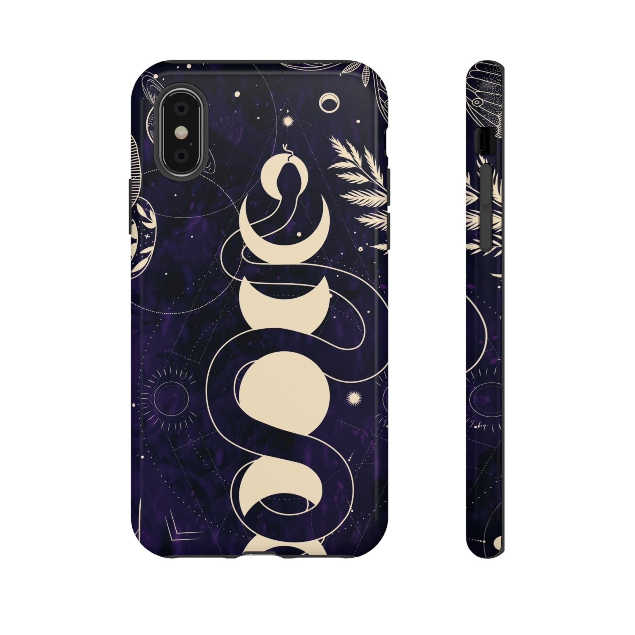 Dark Violet Phone Case with Lunar Phases, Snake & Cosmic Motifs | Durable and Stylish, Perfect for Astrology Lovers