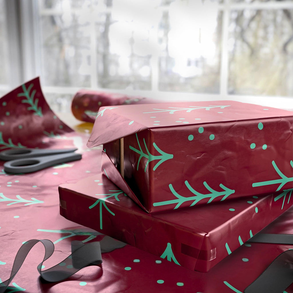Elegant Christmas Tree Wrapping Paper in Deep Berry Hue – Add a Touch of Sophistication to Your Holiday Gift-giving