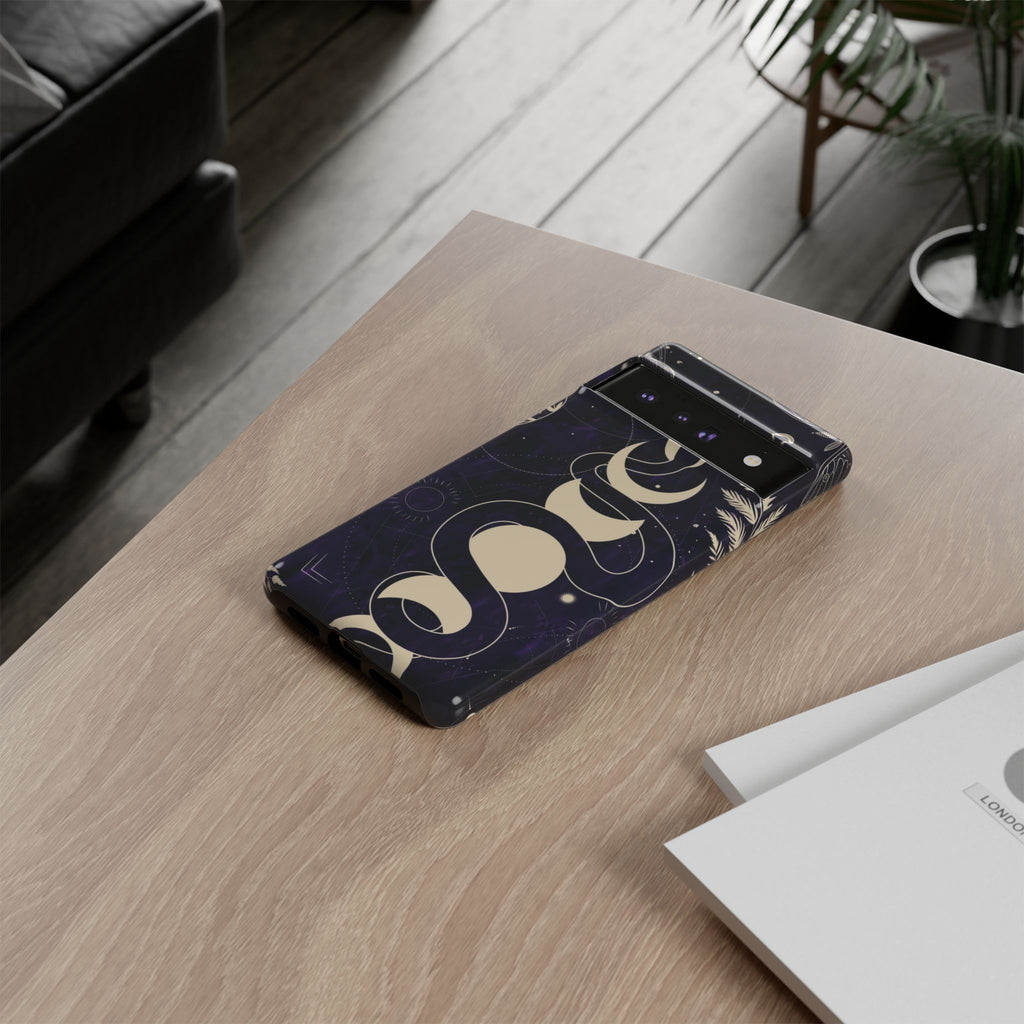Dark Violet Phone Case with Lunar Phases, Snake & Cosmic Motifs | Durable and Stylish, Perfect for Astrology Lovers