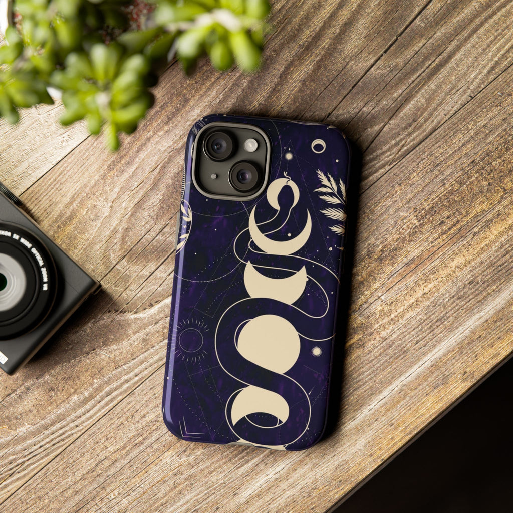Dark Violet Phone Case with Lunar Phases, Snake & Cosmic Motifs | Durable and Stylish, Perfect for Astrology Lovers