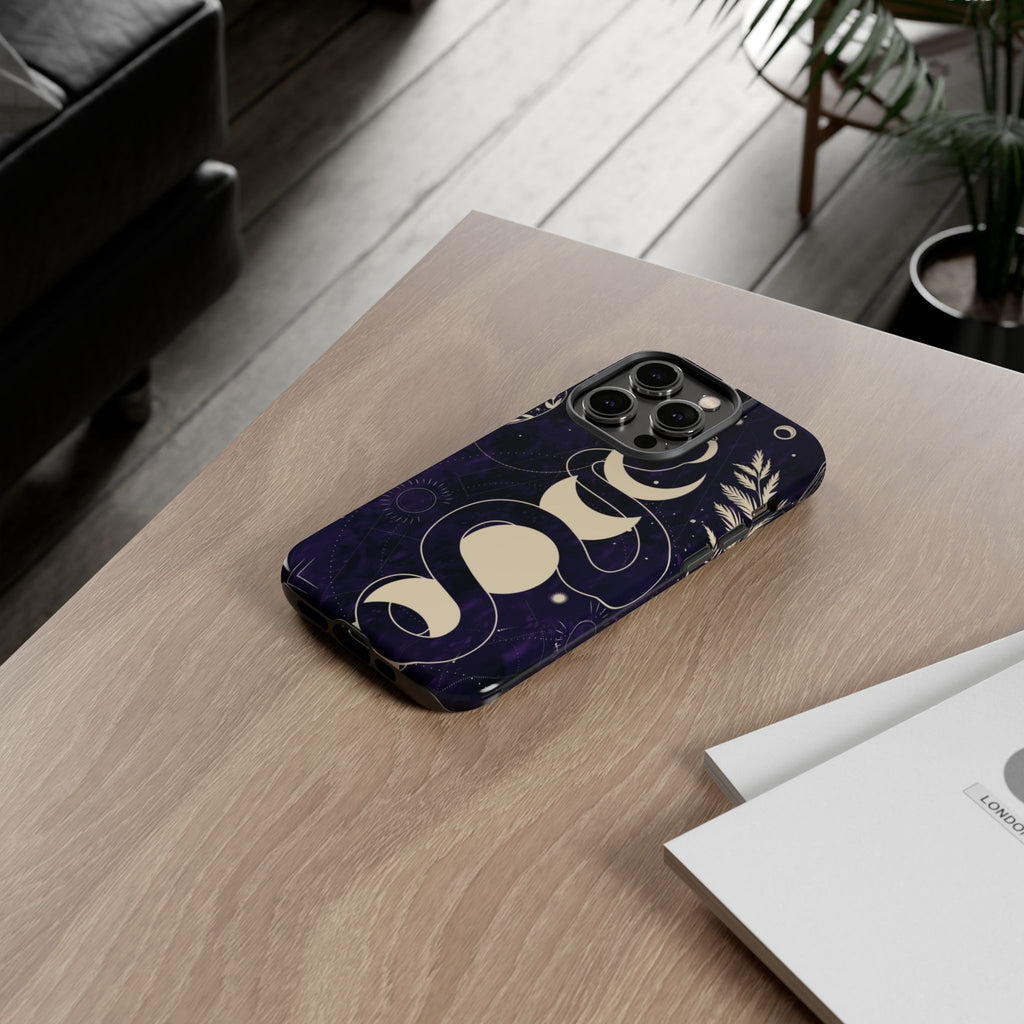 Dark Violet Phone Case with Lunar Phases, Snake & Cosmic Motifs | Durable and Stylish, Perfect for Astrology Lovers
