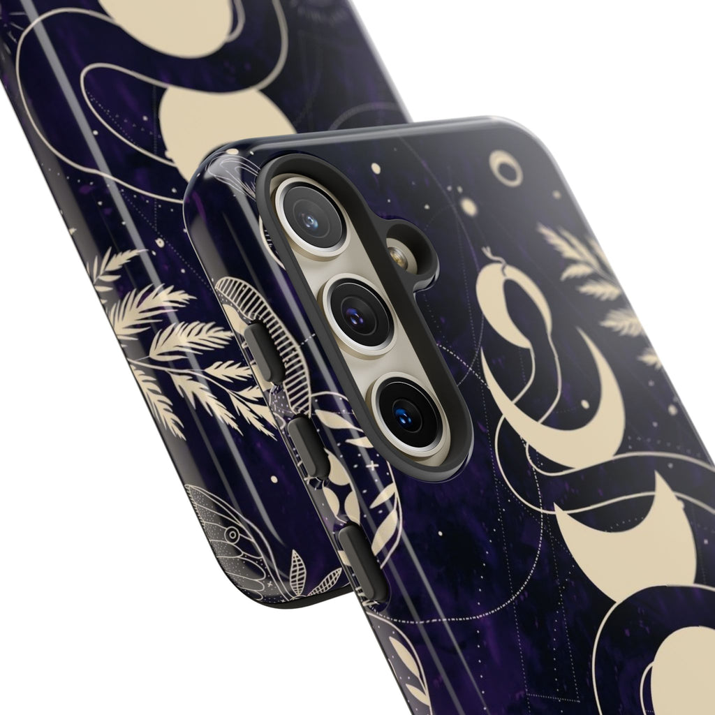 Dark Violet Phone Case with Lunar Phases, Snake & Cosmic Motifs | Durable and Stylish, Perfect for Astrology Lovers