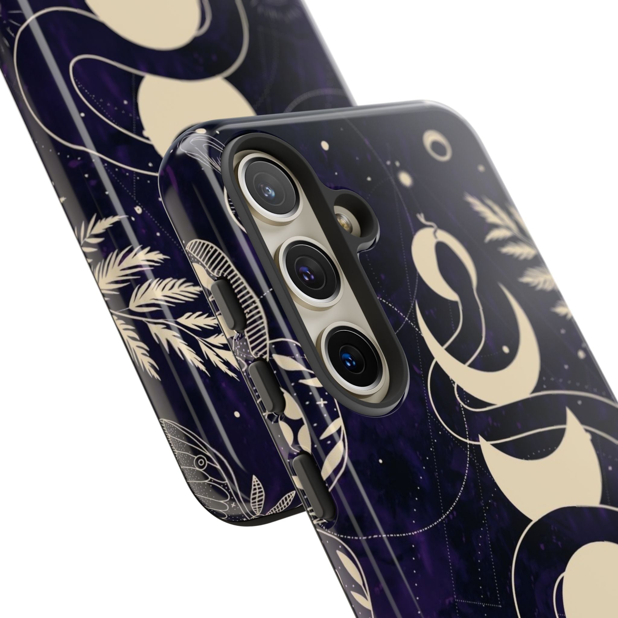 Dark Violet Phone Case with Lunar Phases, Snake & Cosmic Motifs | Durable and Stylish, Perfect for Astrology Lovers