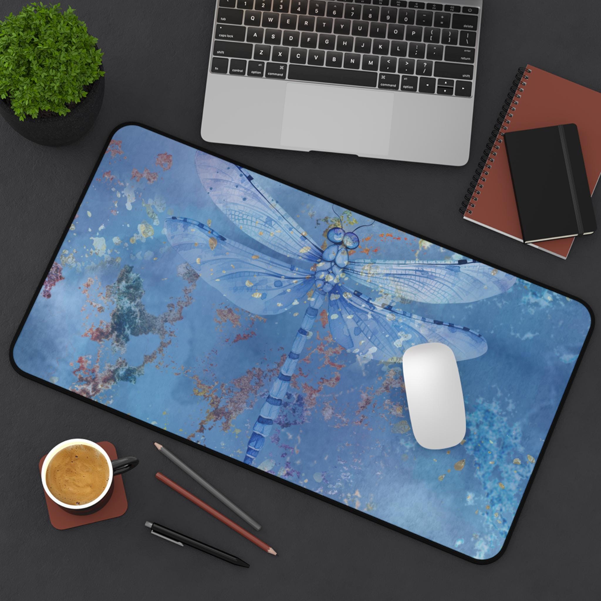 Blue Dragonfly Desk Mat: Serene Artistic Office Decor