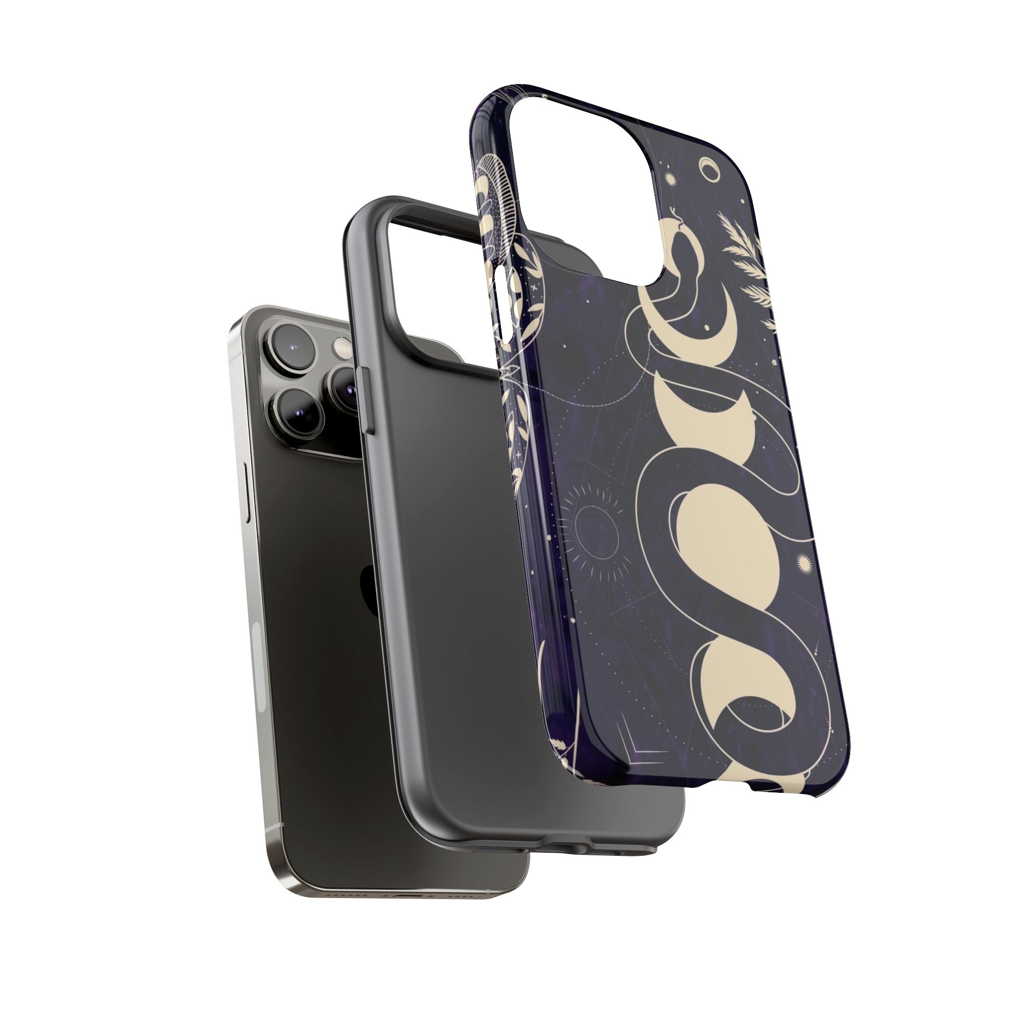 Dark Violet Phone Case with Lunar Phases, Snake & Cosmic Motifs | Durable and Stylish, Perfect for Astrology Lovers