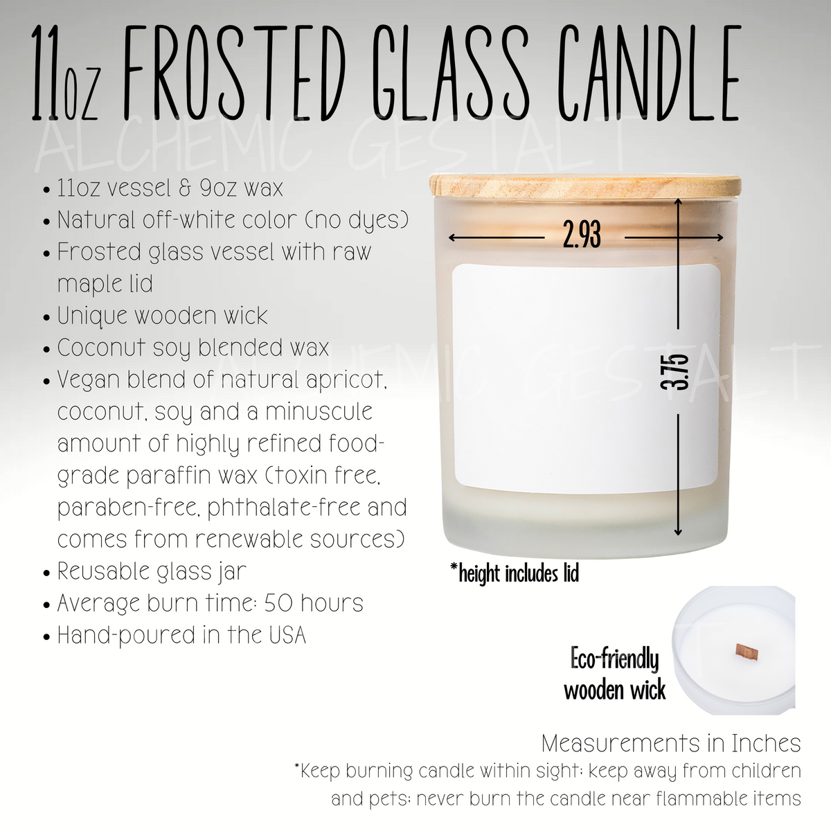 Scented Candle: 11oz Frosted Glass Oak Ember Soy Candle with Wooden Wick, Hand-Poured