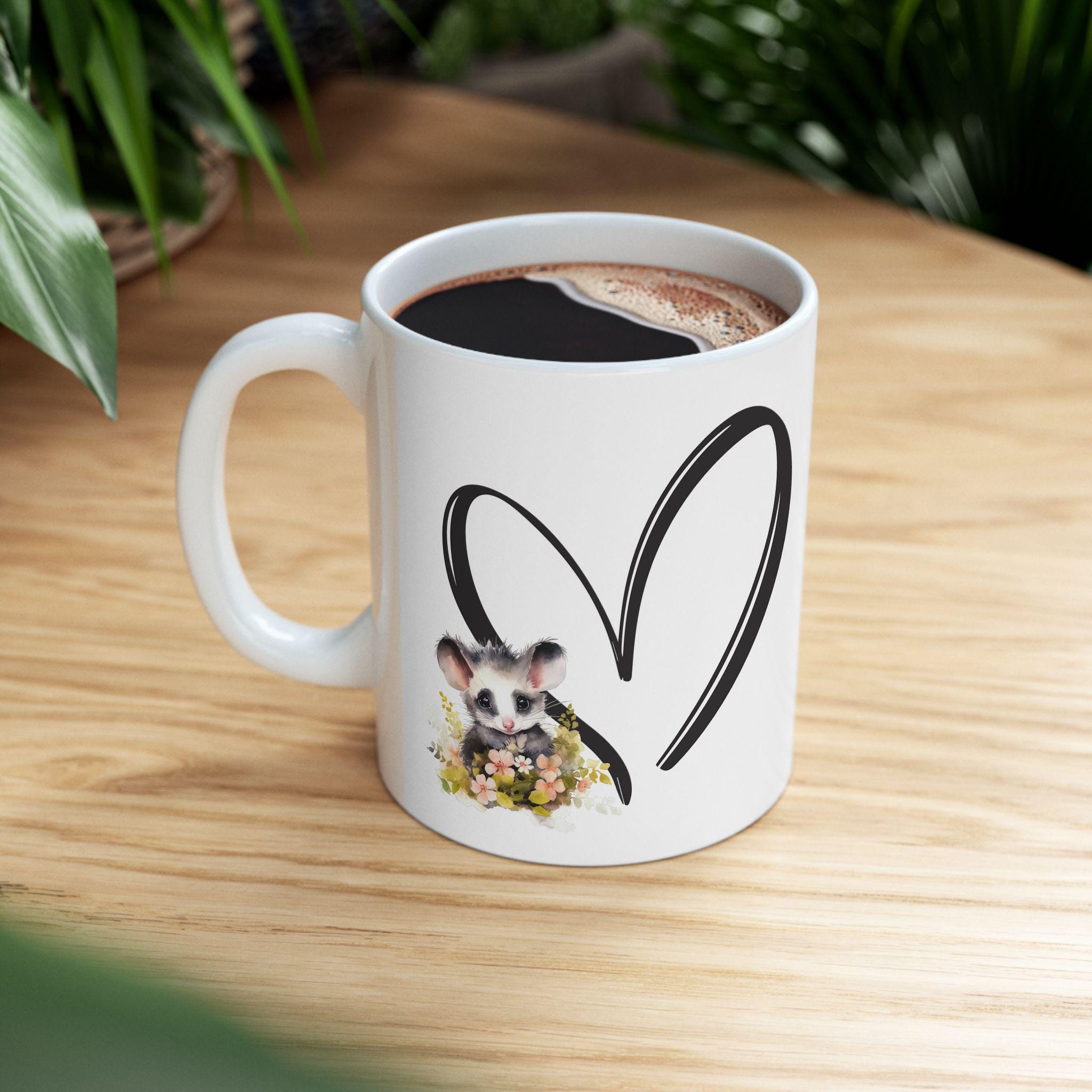Opossum Floral Heart Ceramic Mug - Wildlife Lover Gift
