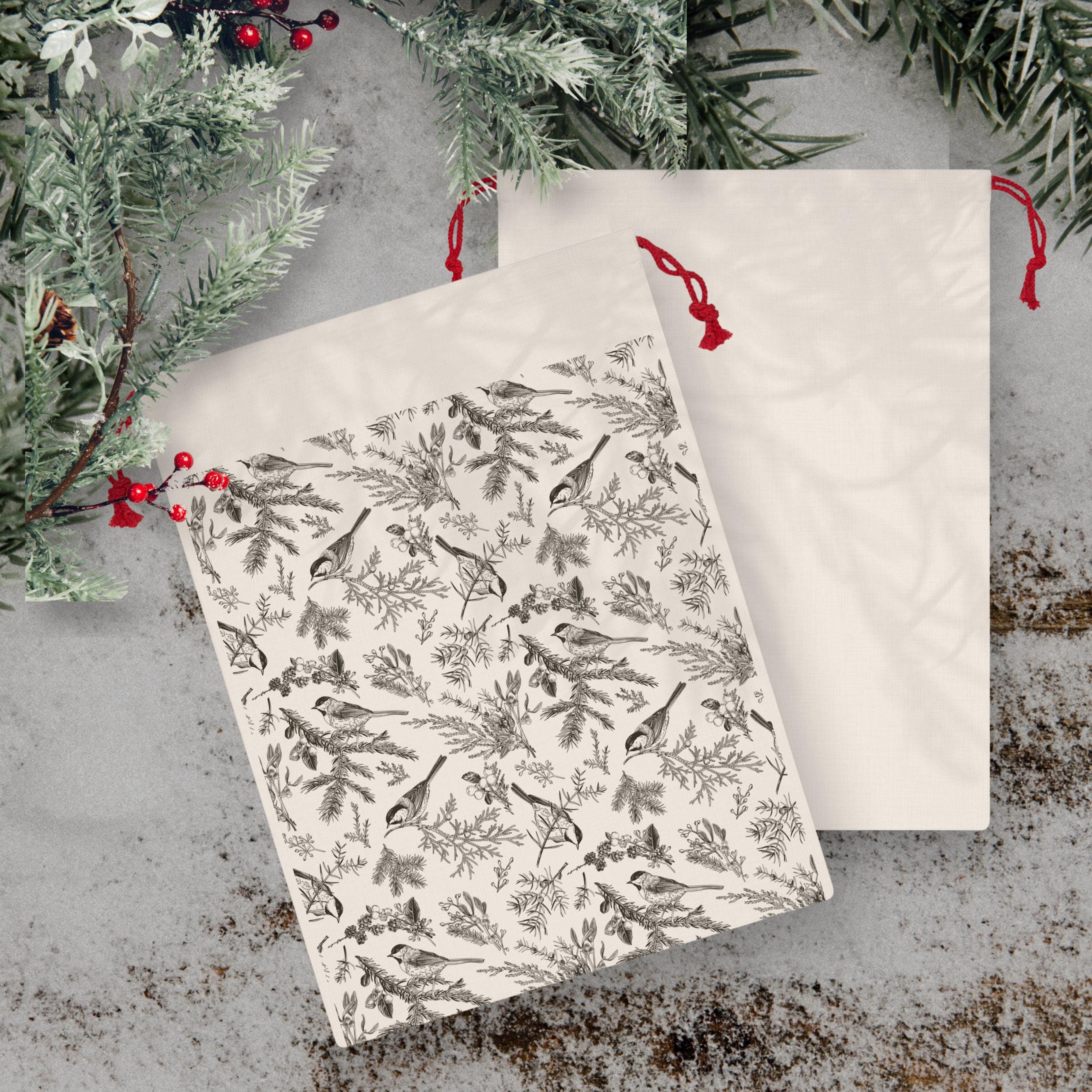Winter Woodland Birds Reusable Gift Bag | Large Fabric Drawstring Christmas Bag (19.7 x 26 in)