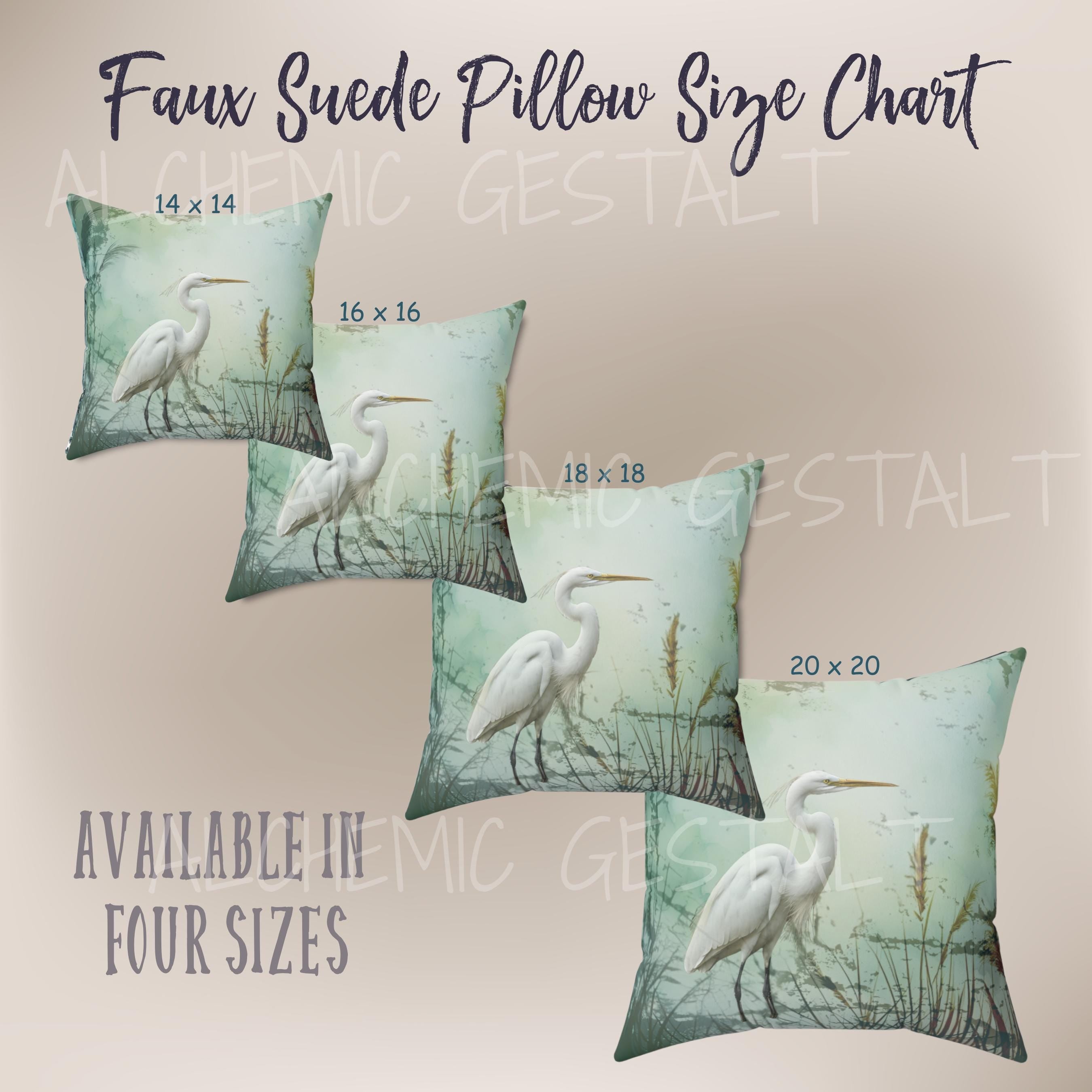 Elegant Egret Design Square Pillow in Faux Suede - 4 Size Options