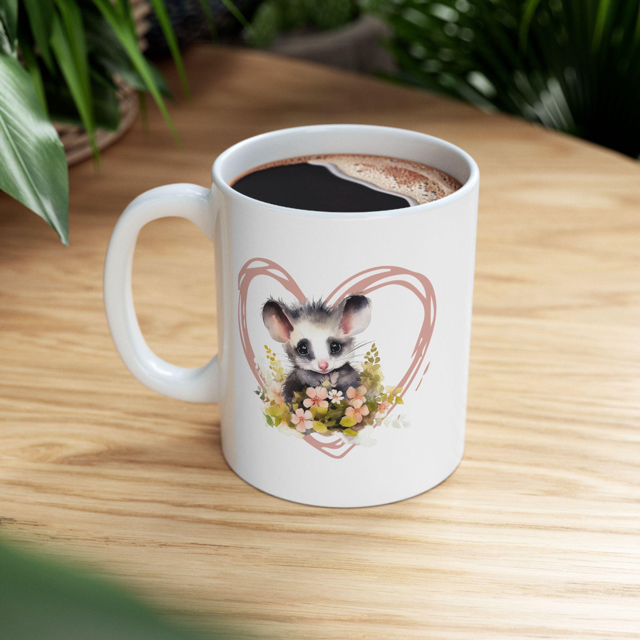 Opossum Ceramic Mug, Cute Floral Heart Opossum Lover Gift, 11oz 15oz Coffee Cup, Animal Wildlife Tea Mug, Gift for Nature Enthusiasts