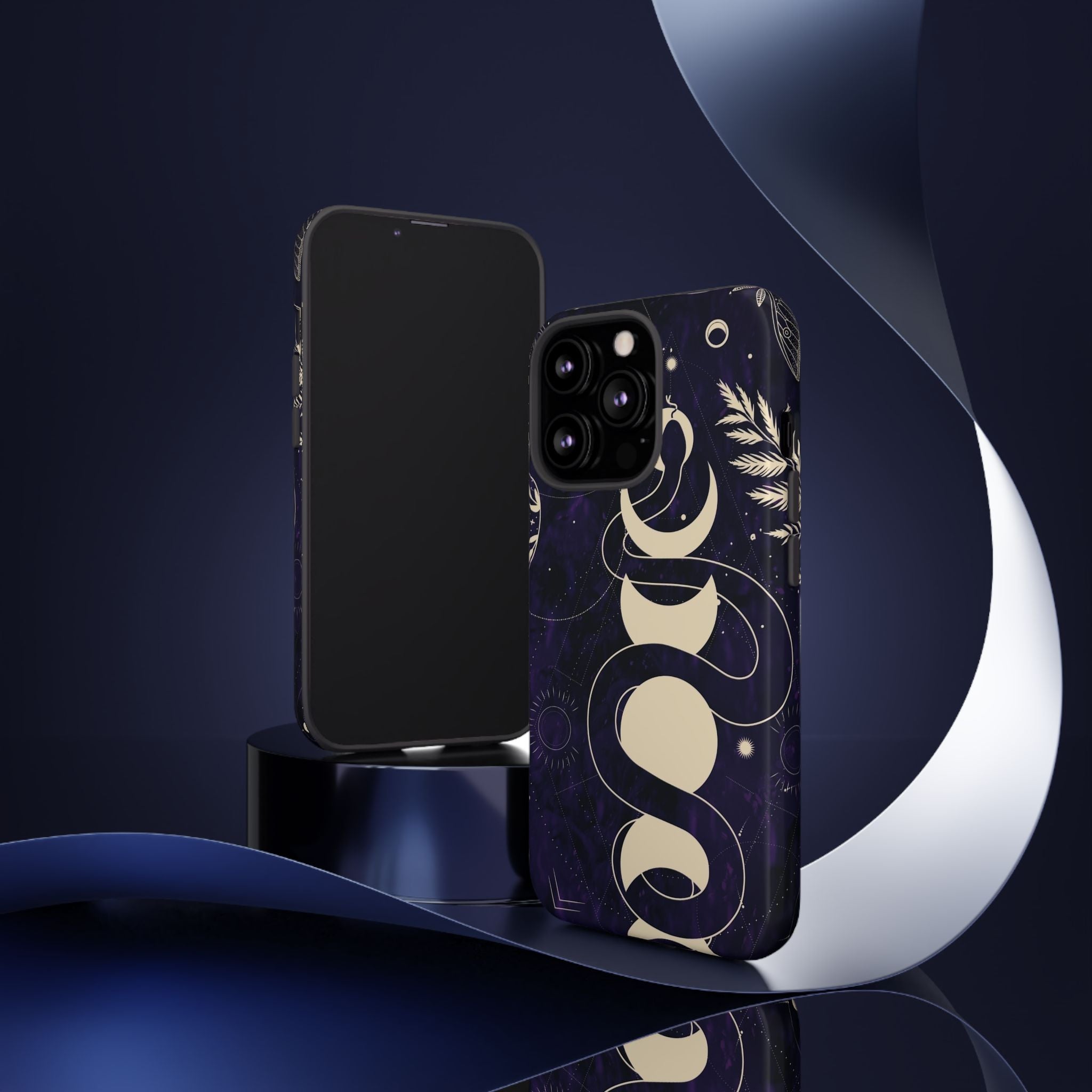 Dark Violet Phone Case with Lunar Phases, Snake & Cosmic Motifs | Durable and Stylish, Perfect for Astrology Lovers