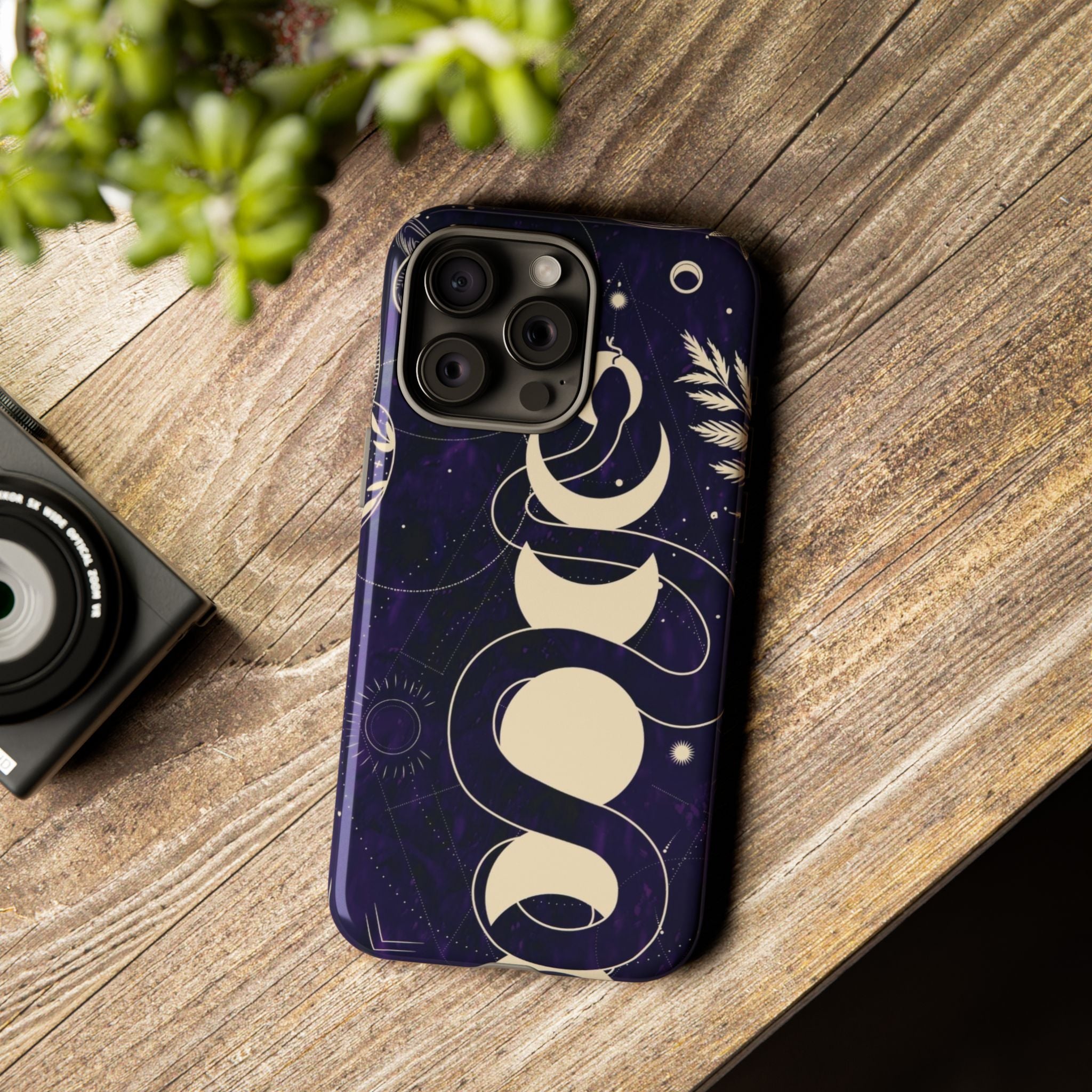 Dark Violet Phone Case with Lunar Phases, Snake & Cosmic Motifs | Durable and Stylish, Perfect for Astrology Lovers