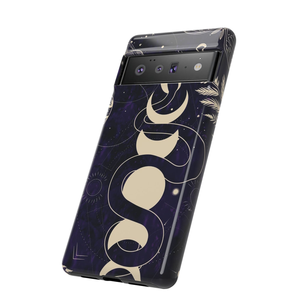 Dark Violet Phone Case with Lunar Phases, Snake & Cosmic Motifs | Durable and Stylish, Perfect for Astrology Lovers