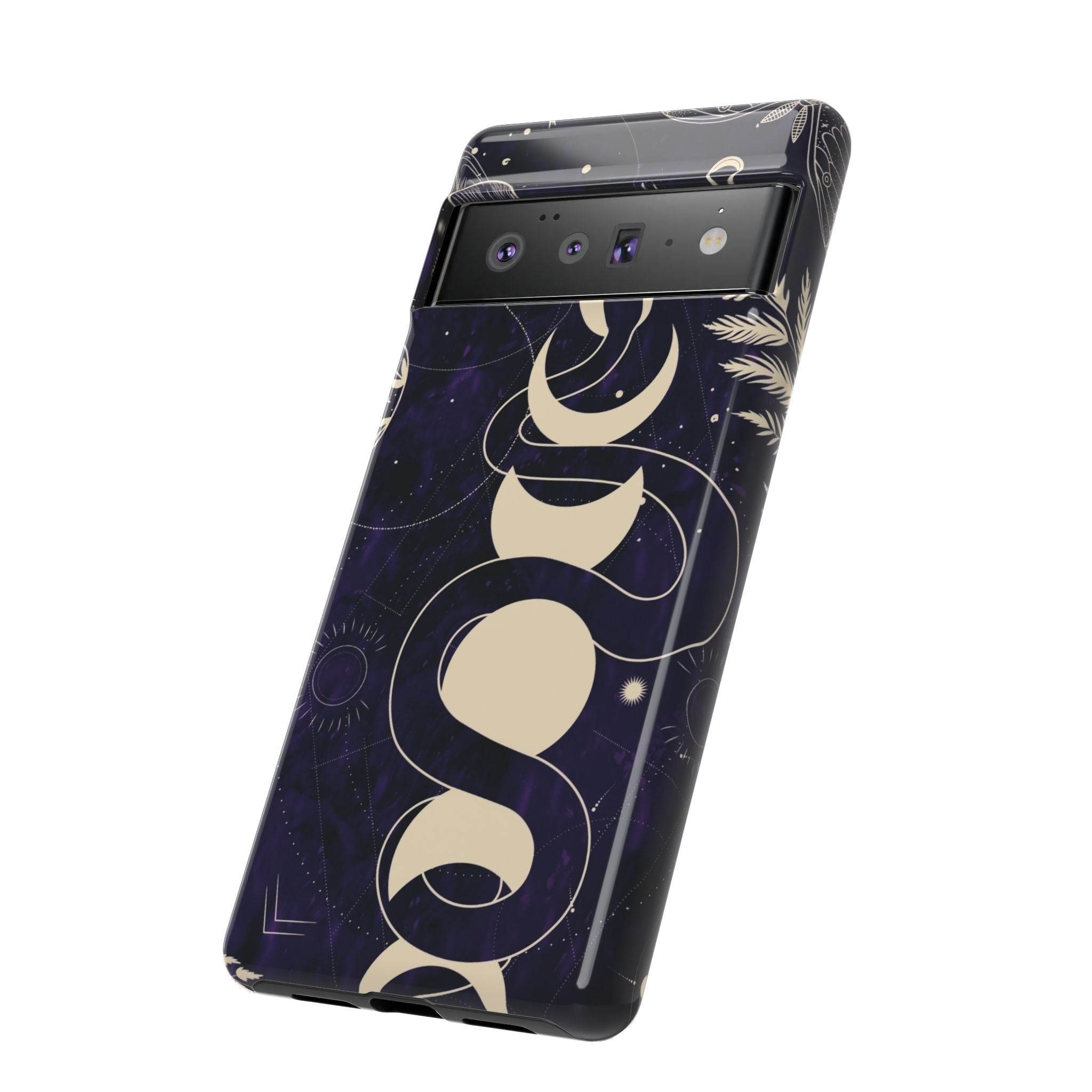 Dark Violet Phone Case with Lunar Phases, Snake & Cosmic Motifs | Durable and Stylish, Perfect for Astrology Lovers