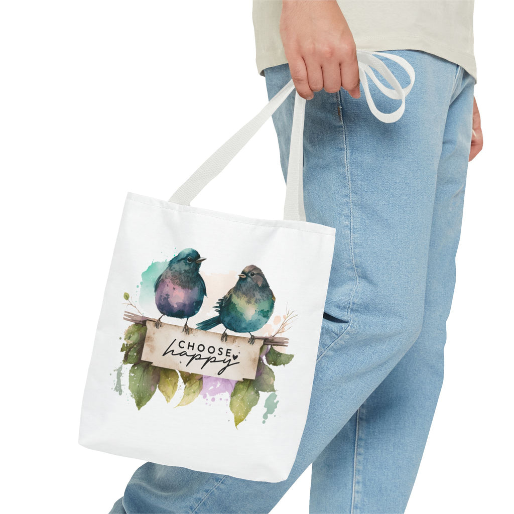 Cheerful Bird Design Tote Bag - Choose Happy Watercolor Print - 3 Sizes Available | Bird Lover Gift Idea |  Whimsical Birds Versatile Tote