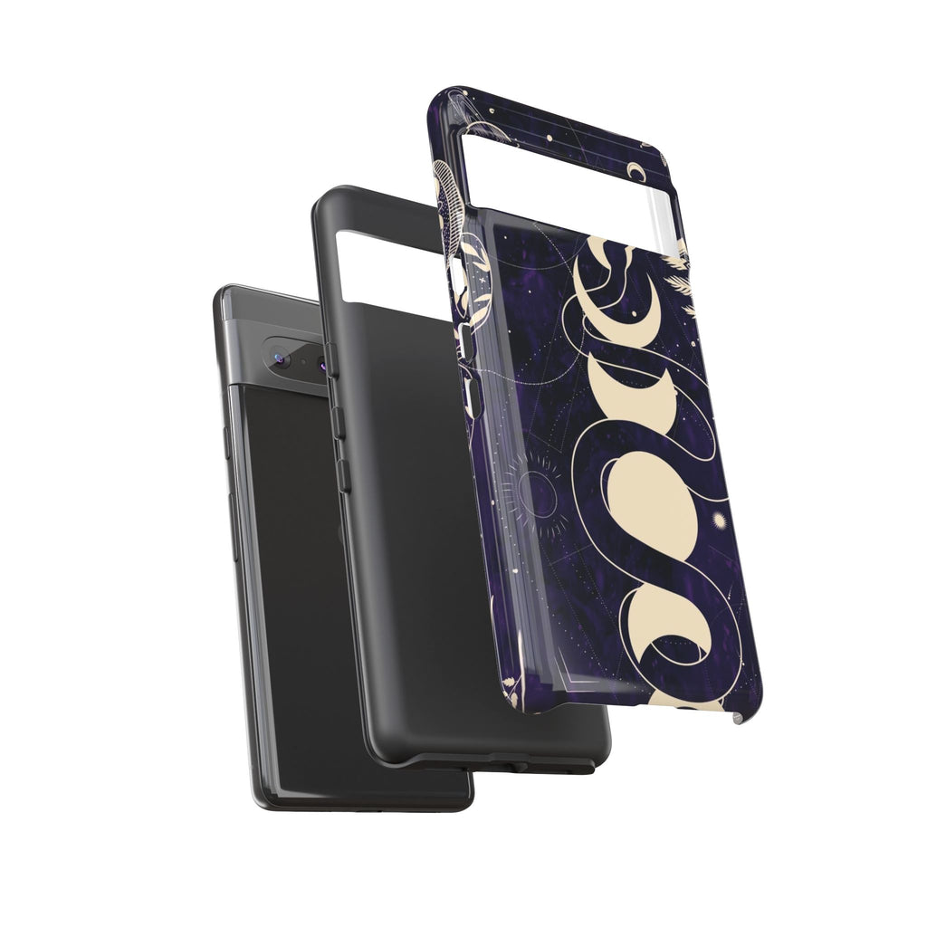 Dark Violet Phone Case with Lunar Phases, Snake & Cosmic Motifs | Durable and Stylish, Perfect for Astrology Lovers