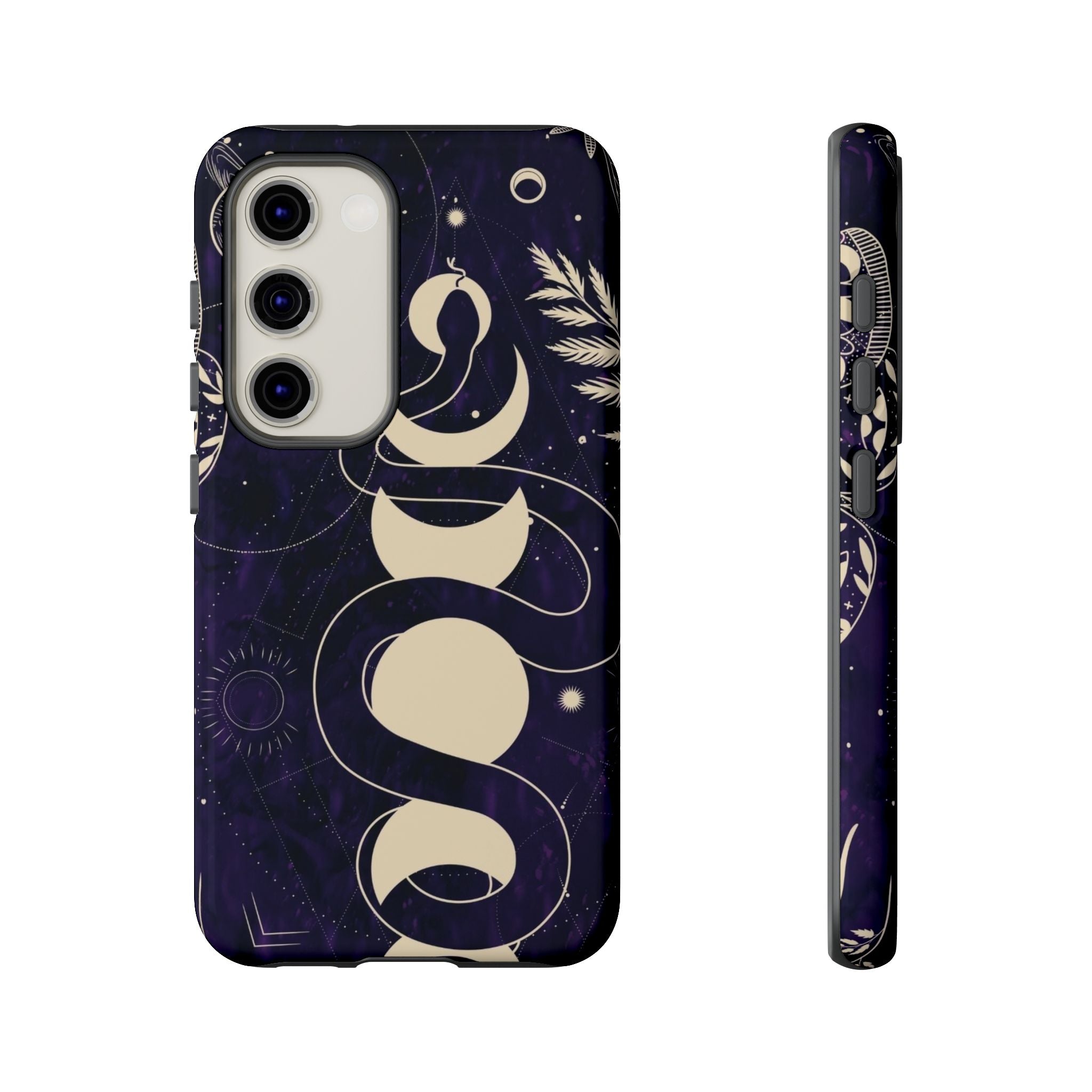 Dark Violet Phone Case with Lunar Phases, Snake & Cosmic Motifs | Durable and Stylish, Perfect for Astrology Lovers