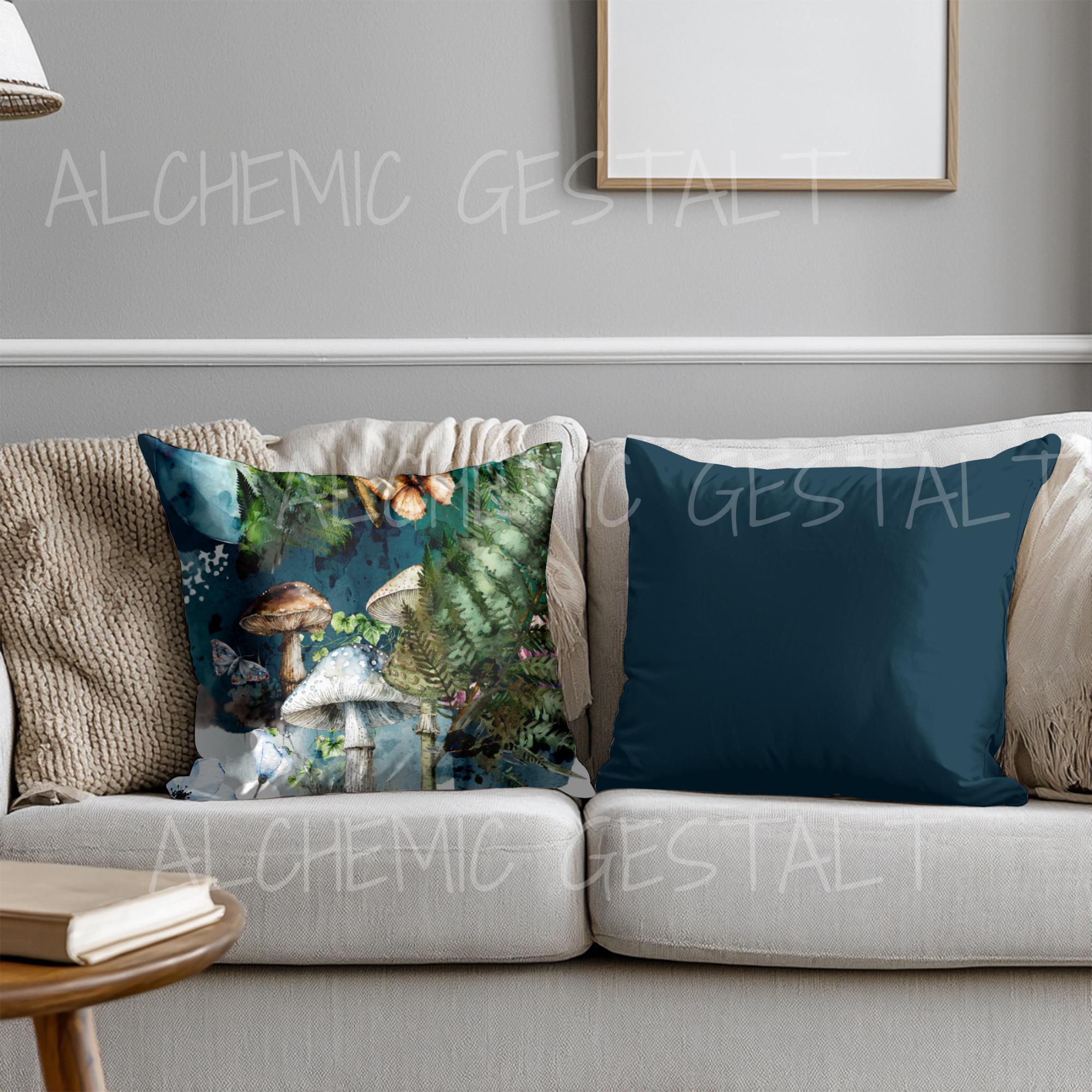 Enchanted Forest Pillow: Faux Suede Fern, Mushroom & Butterfly Design
