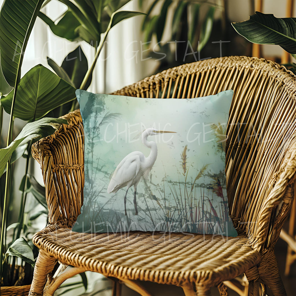 Elegant Egret Design Square Pillow in Faux Suede - 4 Size Options