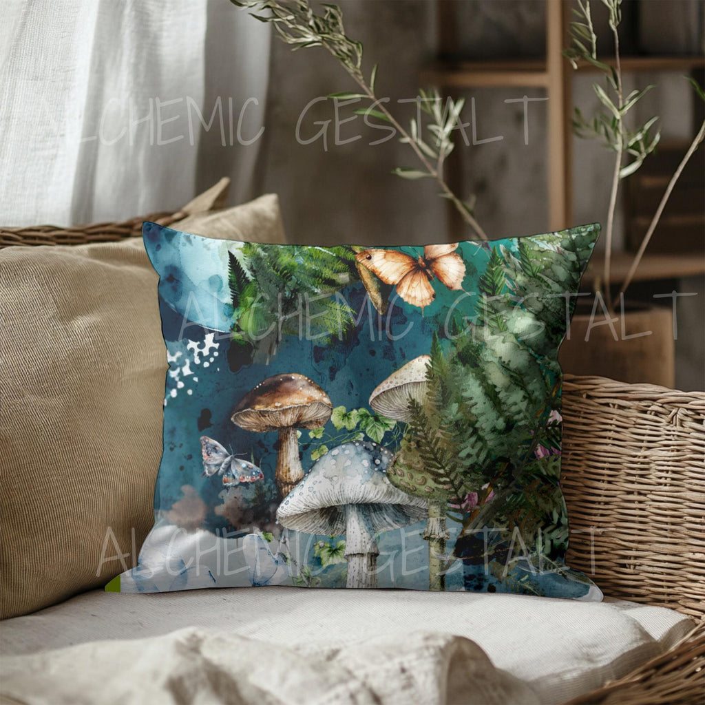 Enchanted Forest Pillow: Faux Suede Fern, Mushroom & Butterfly Design