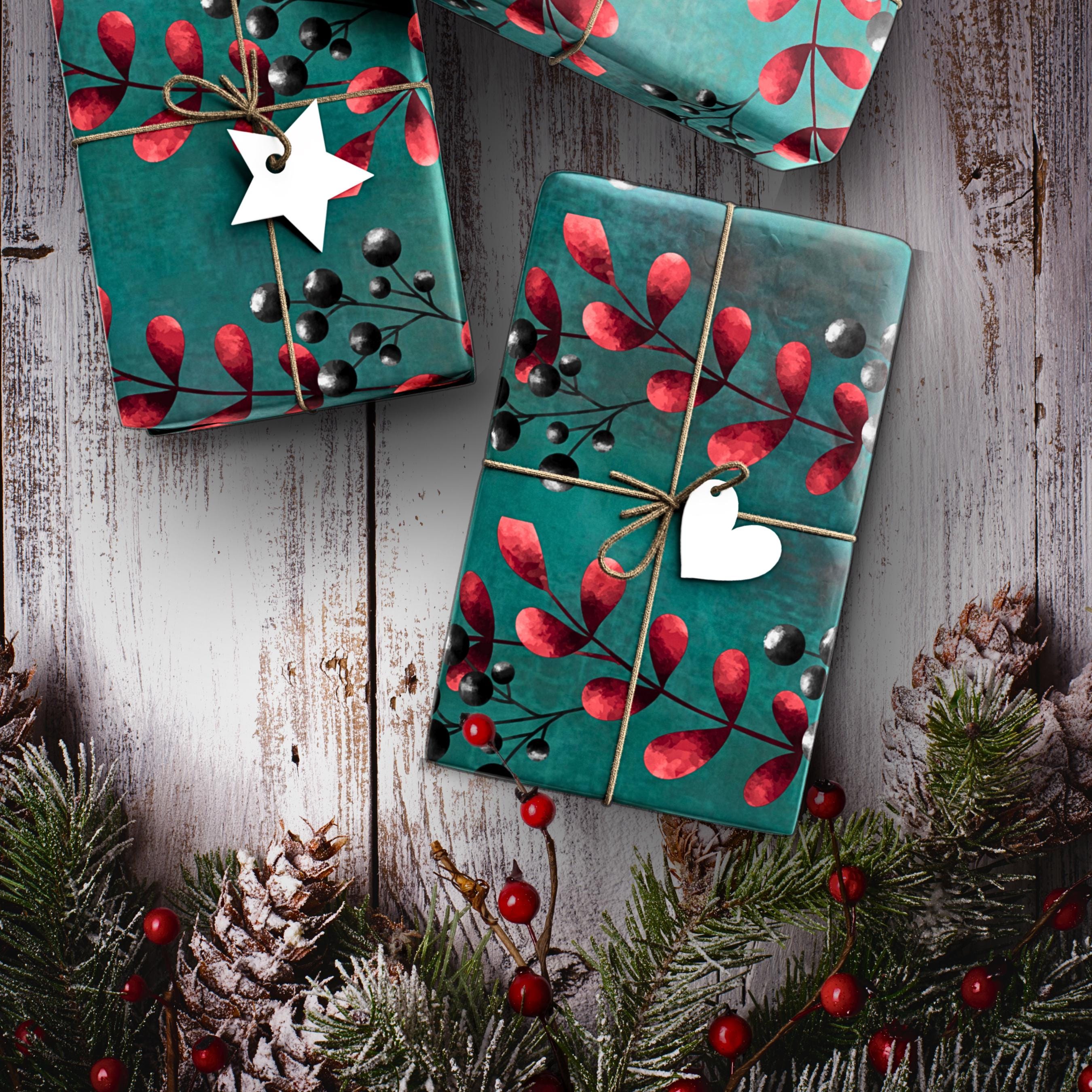 Winter Berry Holiday Wrapping Paper | Red Berries on Teal | Christmas Gift Wrap Sheets